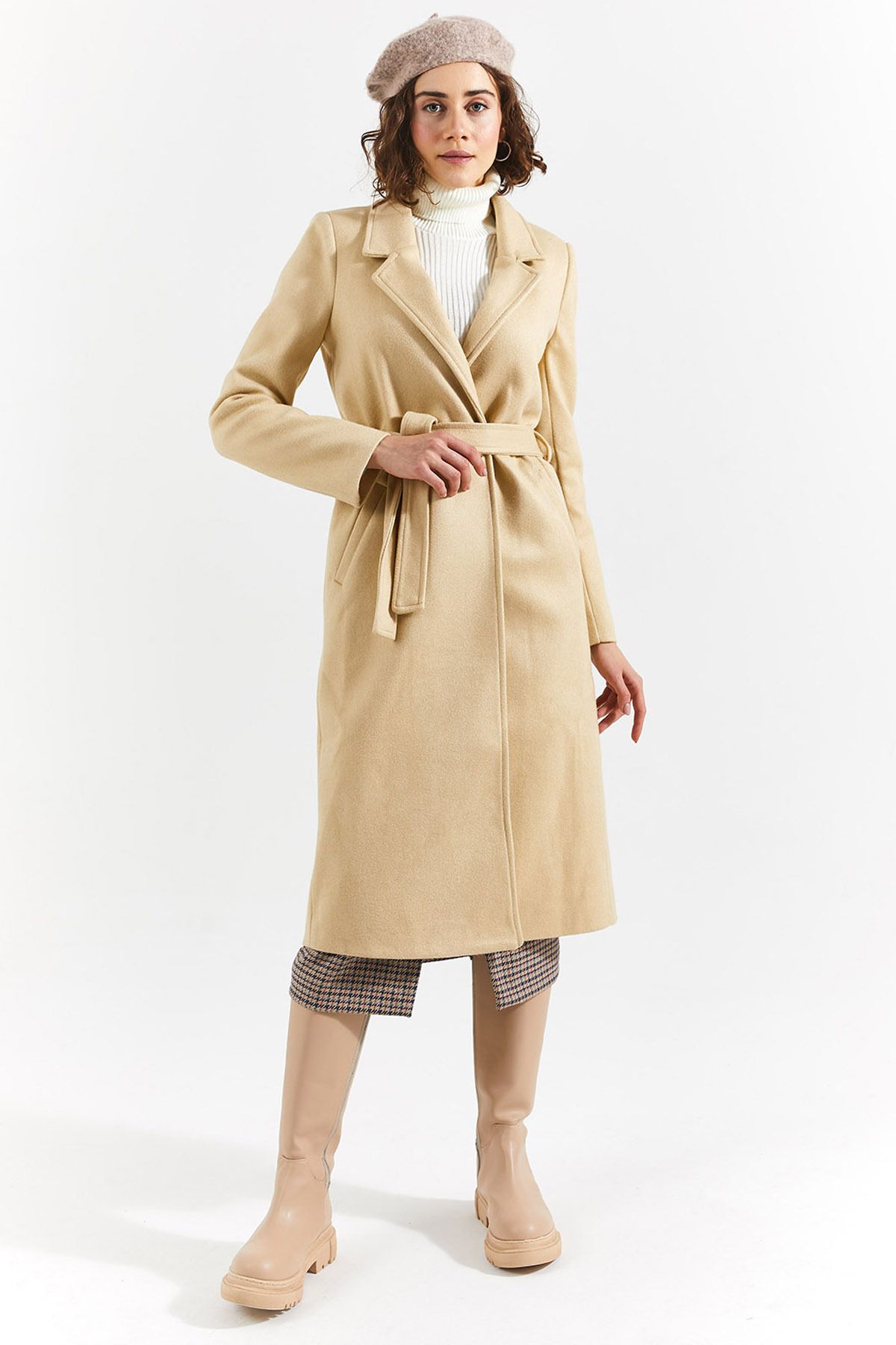 Kaşe Trenchcoat Model Kaban Bej