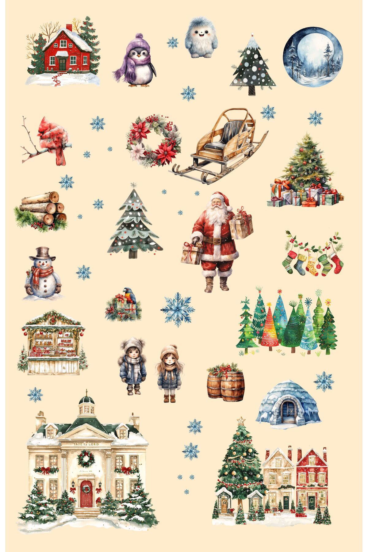 Yılbaşı Evi Noel Baba Kızak Sevimli Hayvanlar Yeni Yıl Çocuk Bebek Odası Sticker Seti