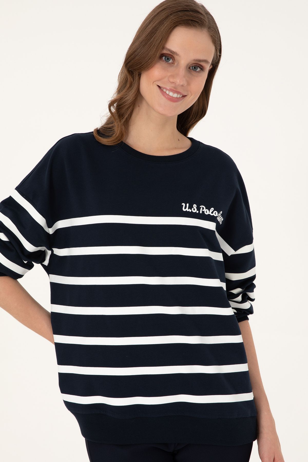 Kadın Lacivert Çizgili Bisiklet Yaka Sweatshirt 50297279-vr033