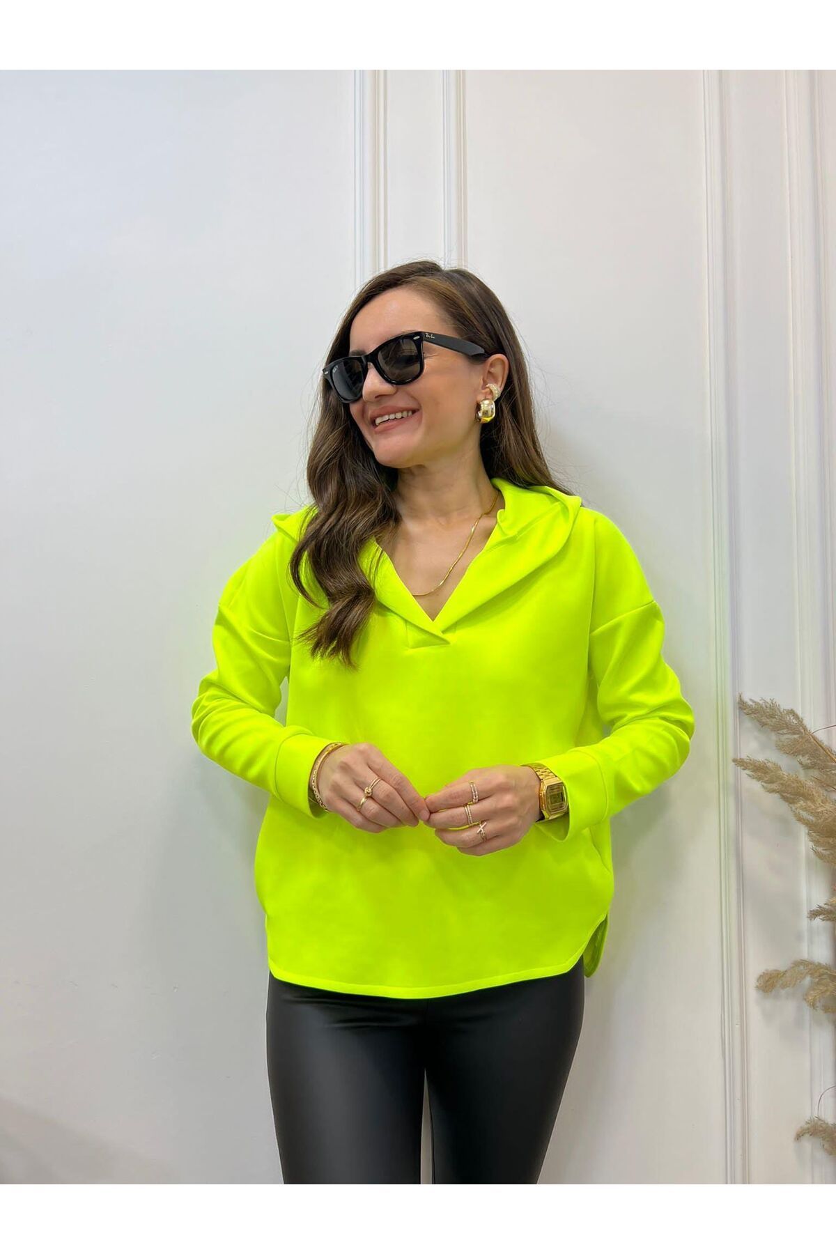 Kadın Polo Yaka Kapüşonlu Oversize Scuba Sweatshirt