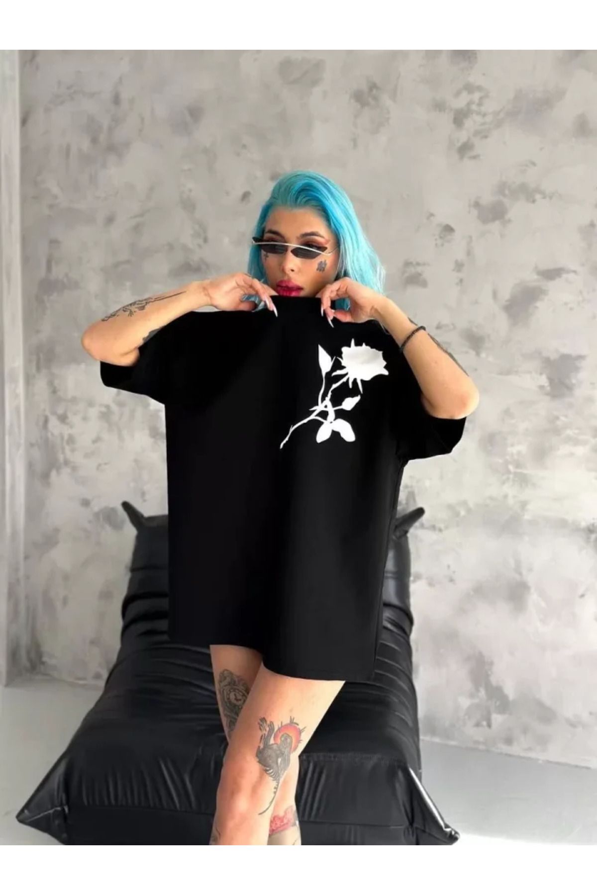 Unisex Bisiklet Yaka Baskılı Oversize T-Shirt - Siyah