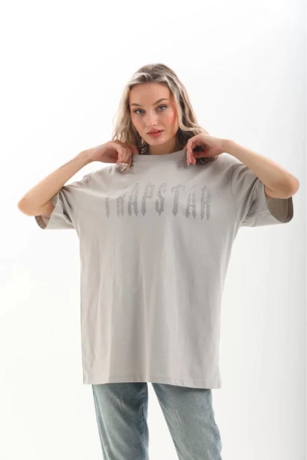 Unisex Taş Desenli Oversize T-Shirt - Gri