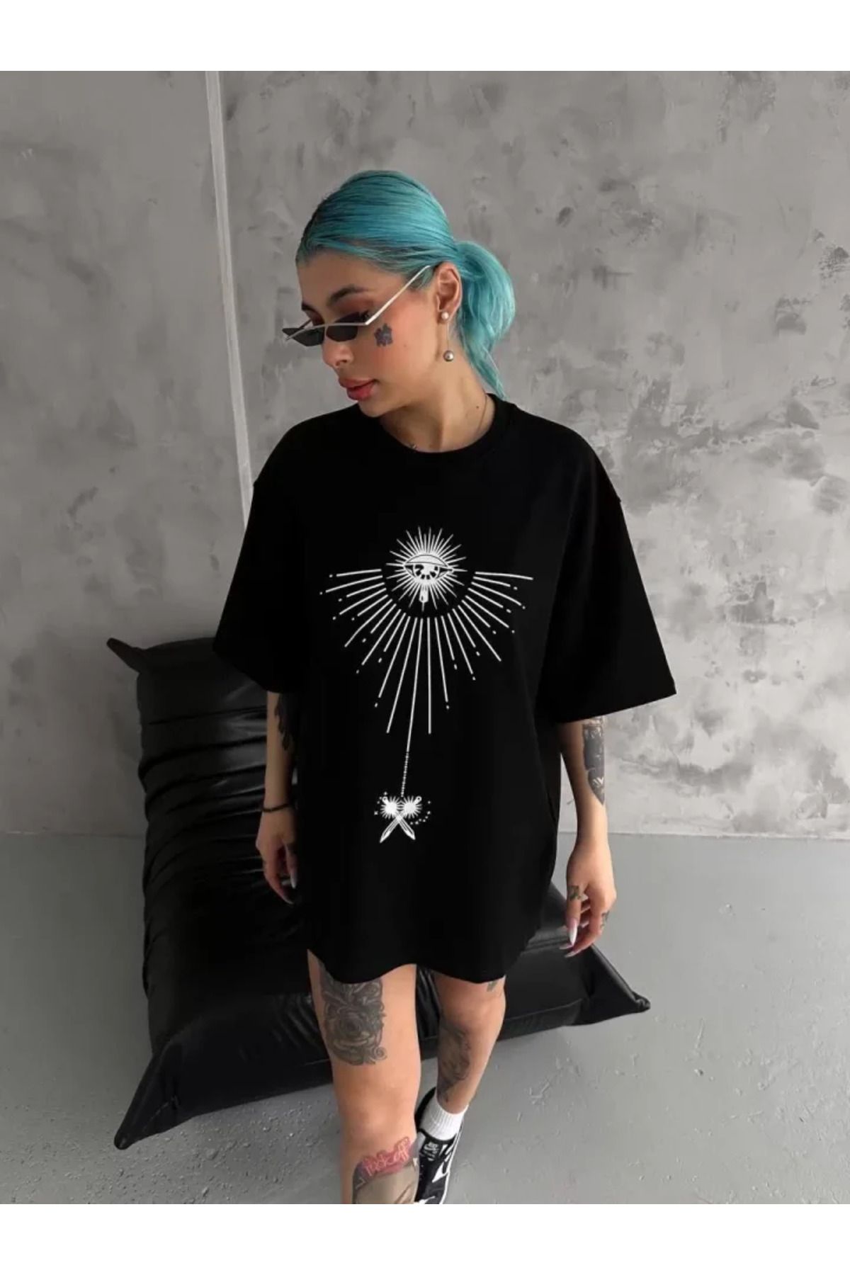 Unisex Bisiklet Yaka Baskılı Oversize T-Shirt - Siyah