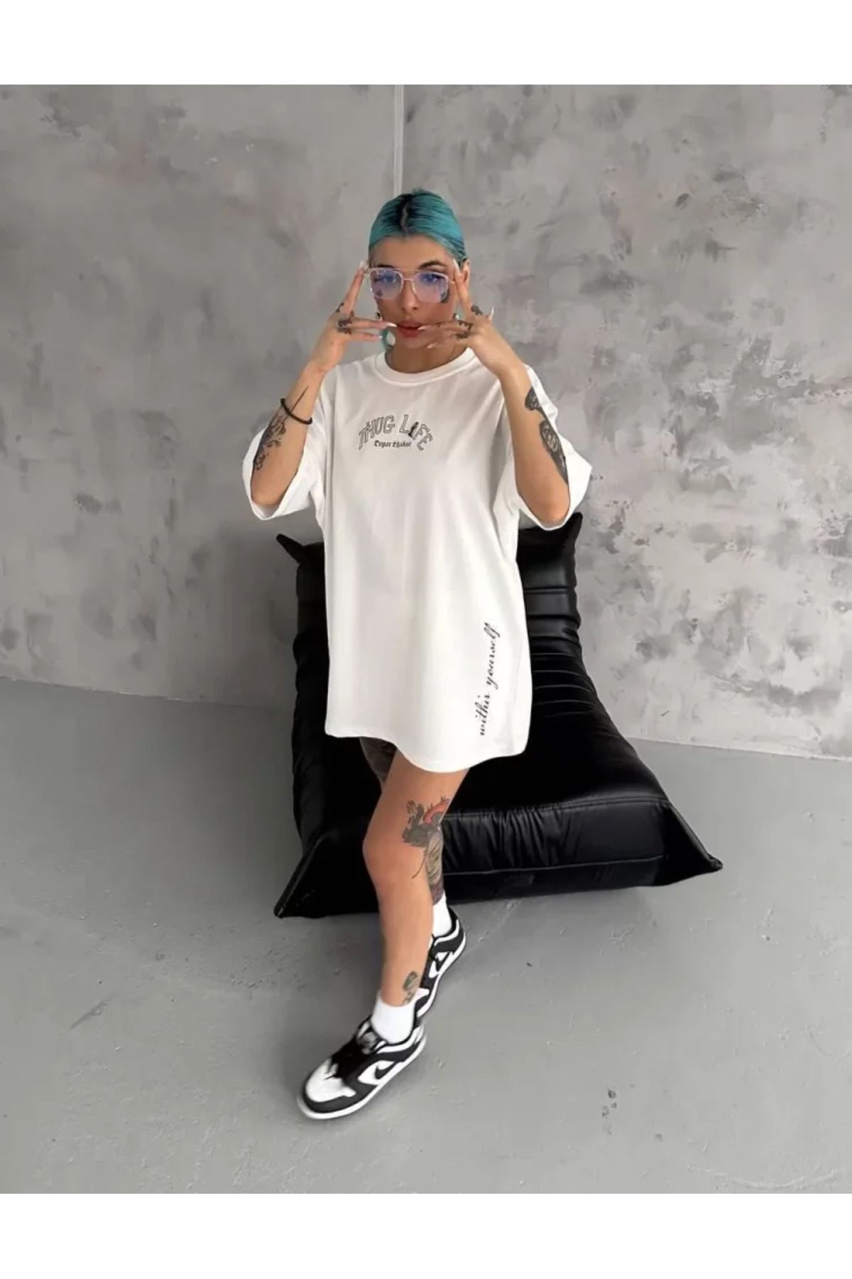 Unisex Baskılı Oversize T-Shirt - Beyaz