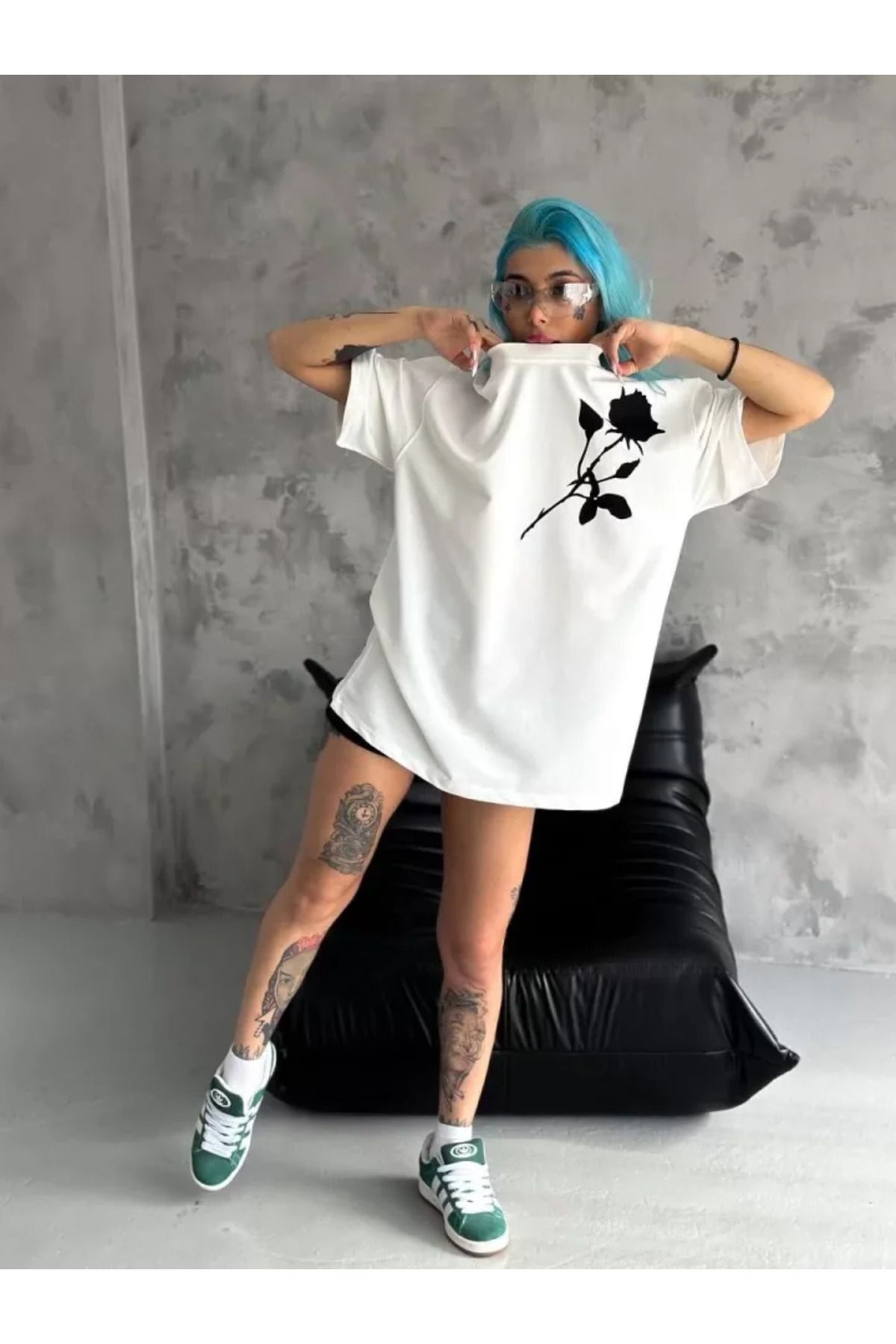 Unisex Bisiklet Yaka Baskılı Oversize T-Shirt - Beyaz