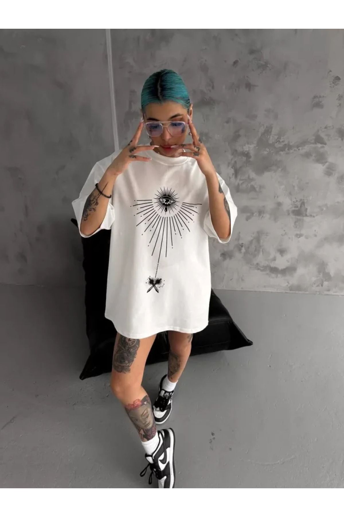 Unisex Bisiklet Yaka Baskılı Oversize T-Shirt - Beyaz