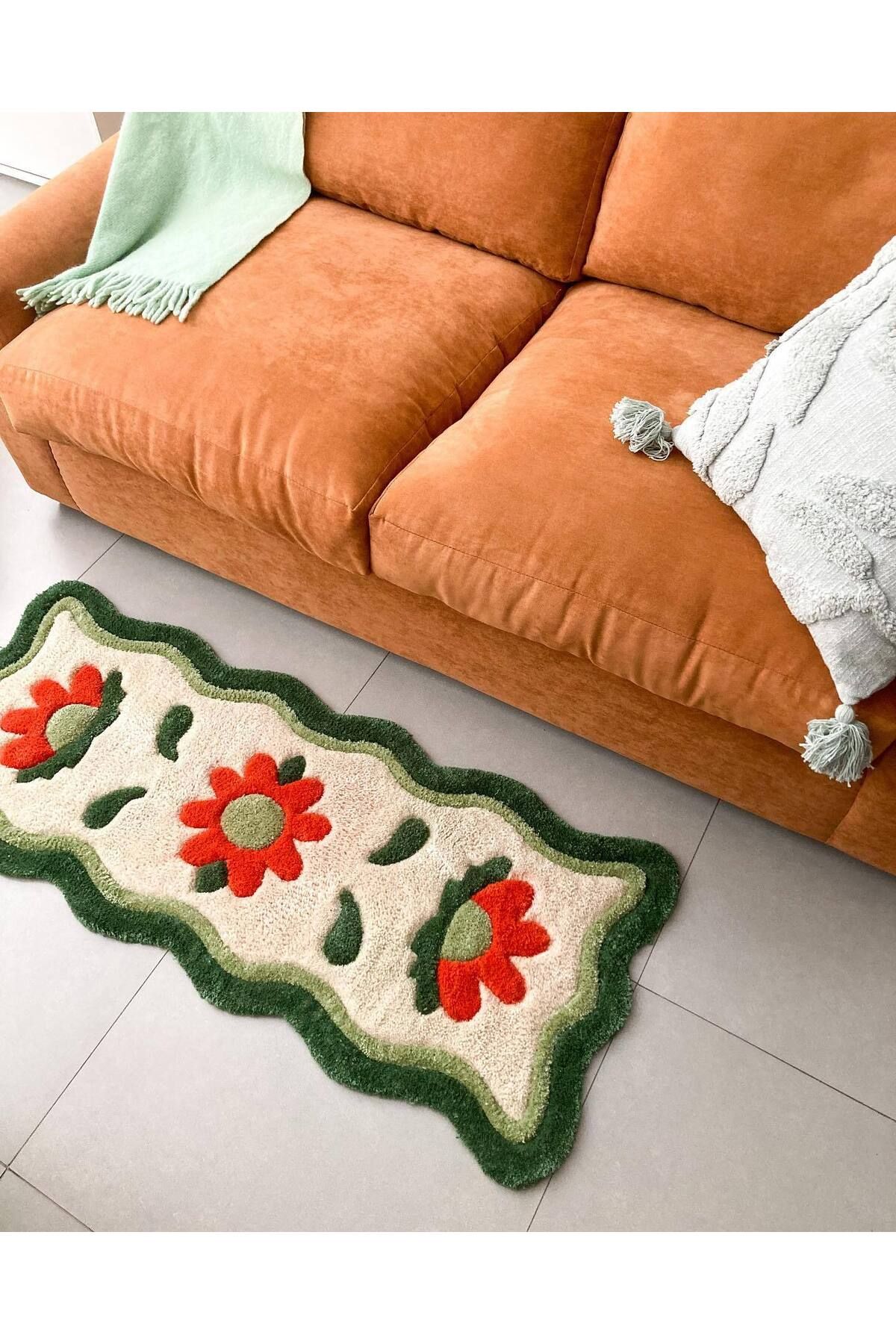 El Yapımı Çiçekli Halı, Bohem Yeşil ve Turuncu Dalgalı Kilim, Retro Estetik Yolluk, Ev Dekoru Hediye