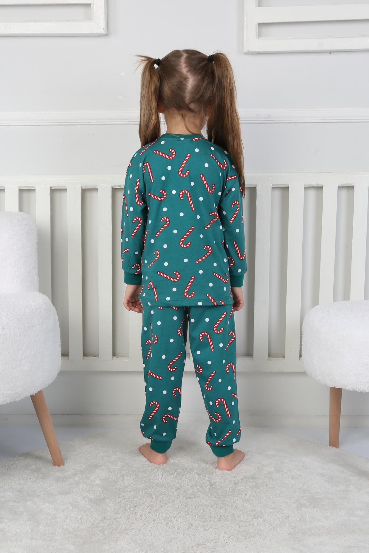 🎄 Yılbaşı Şeker Desenli %100 Pamuk Unisex Çocuk Pijama Takımı 🎄 Yeşil