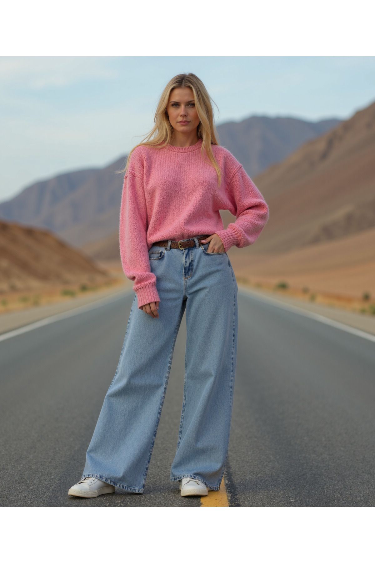 Kadın %100 Pamuk Wide Leg Baggy Jeans