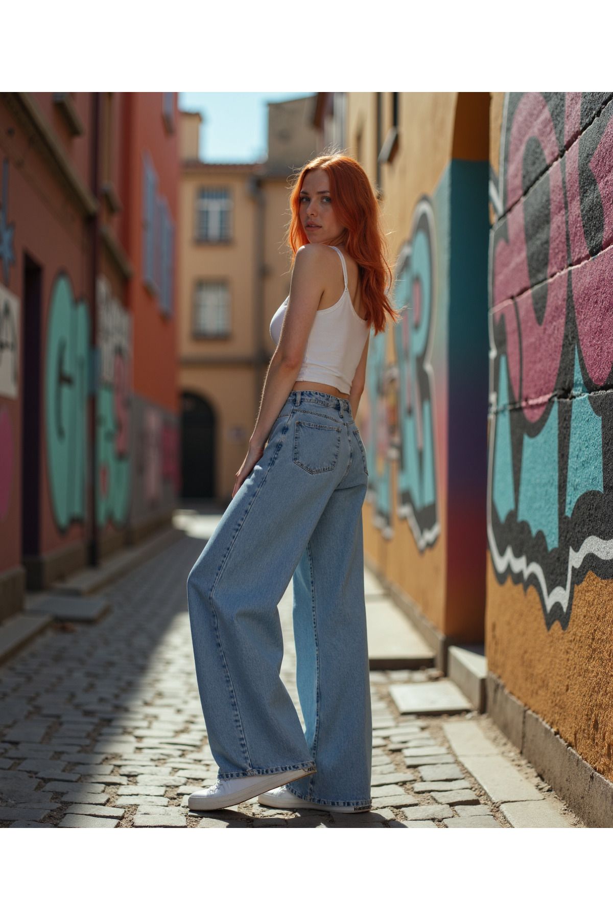 Kadın %100 Pamuk Wide Leg Baggy Jeans