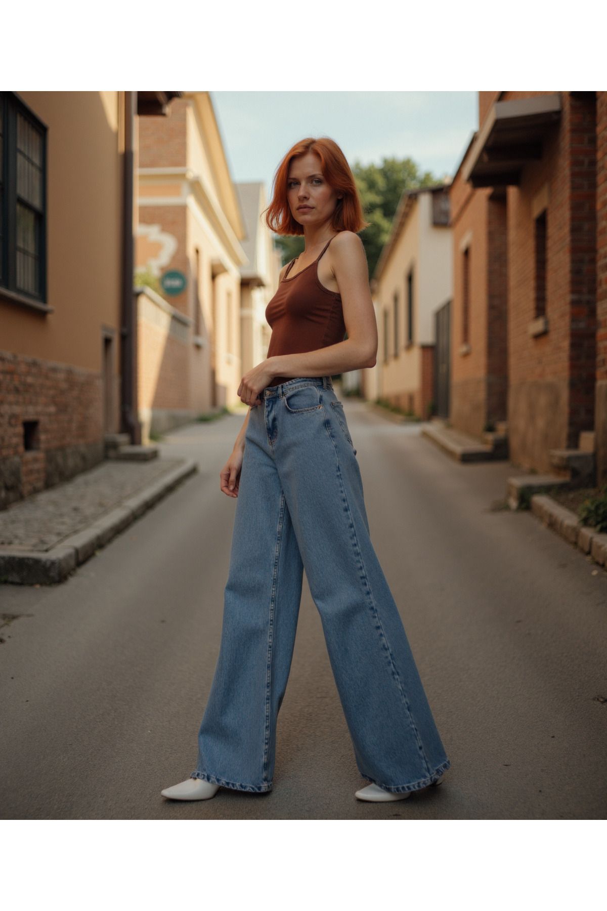 Kadın %100 Pamuk Wide Leg Baggy Jeans