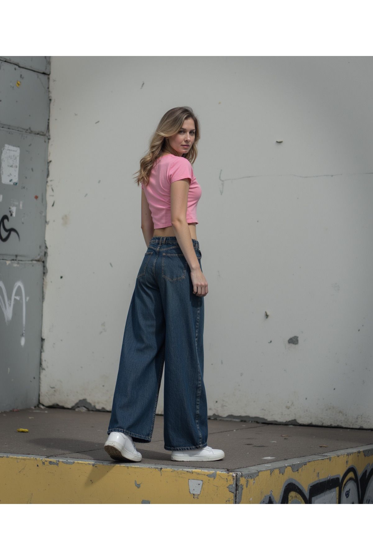 Kadın %100 Pamuk Wide Leg Baggy Jeans