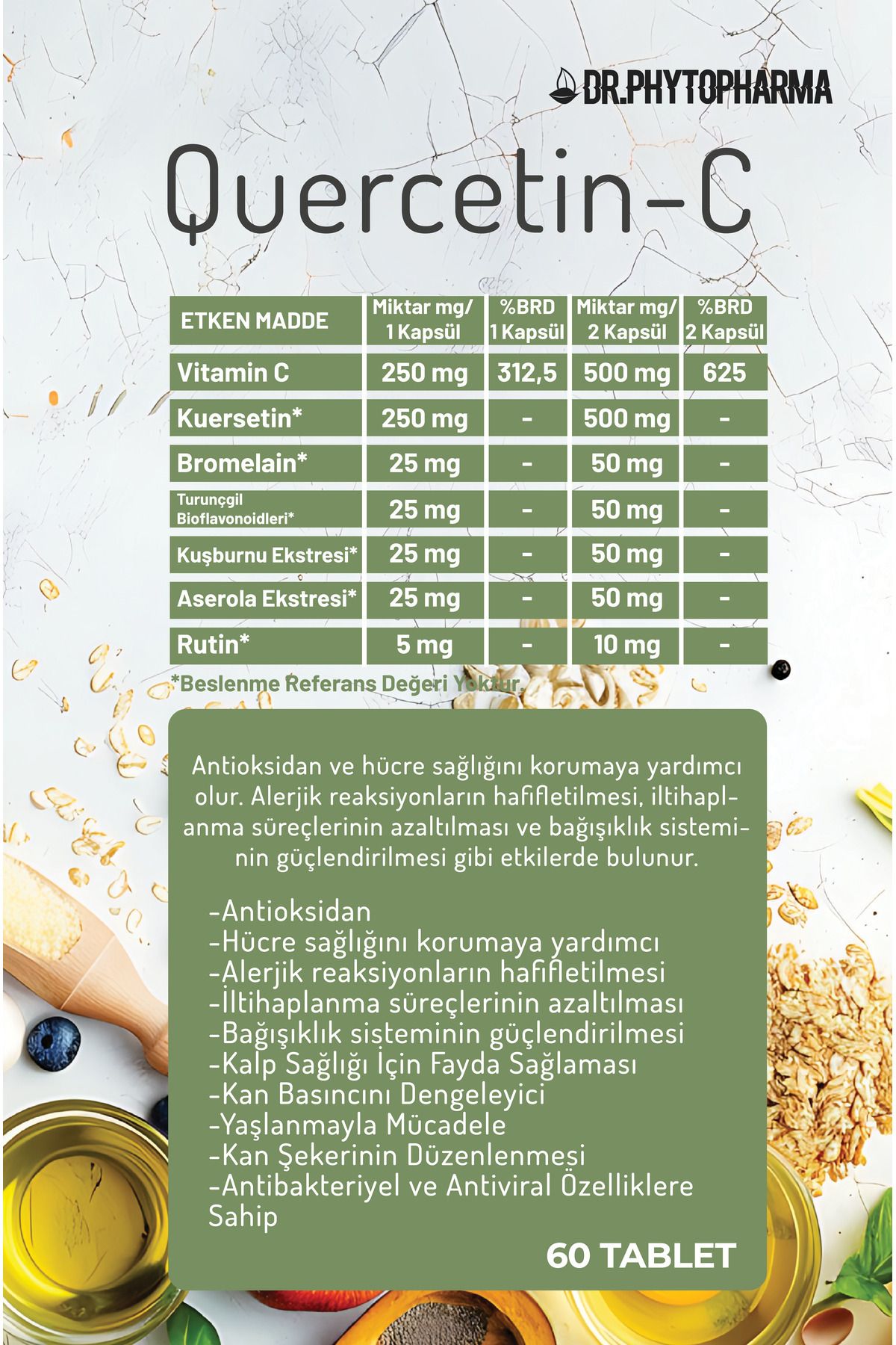 Quercetin, Vitamin C, Bromelain ve Rutin içeren 60 Kapsül Takviye Edici Gıda