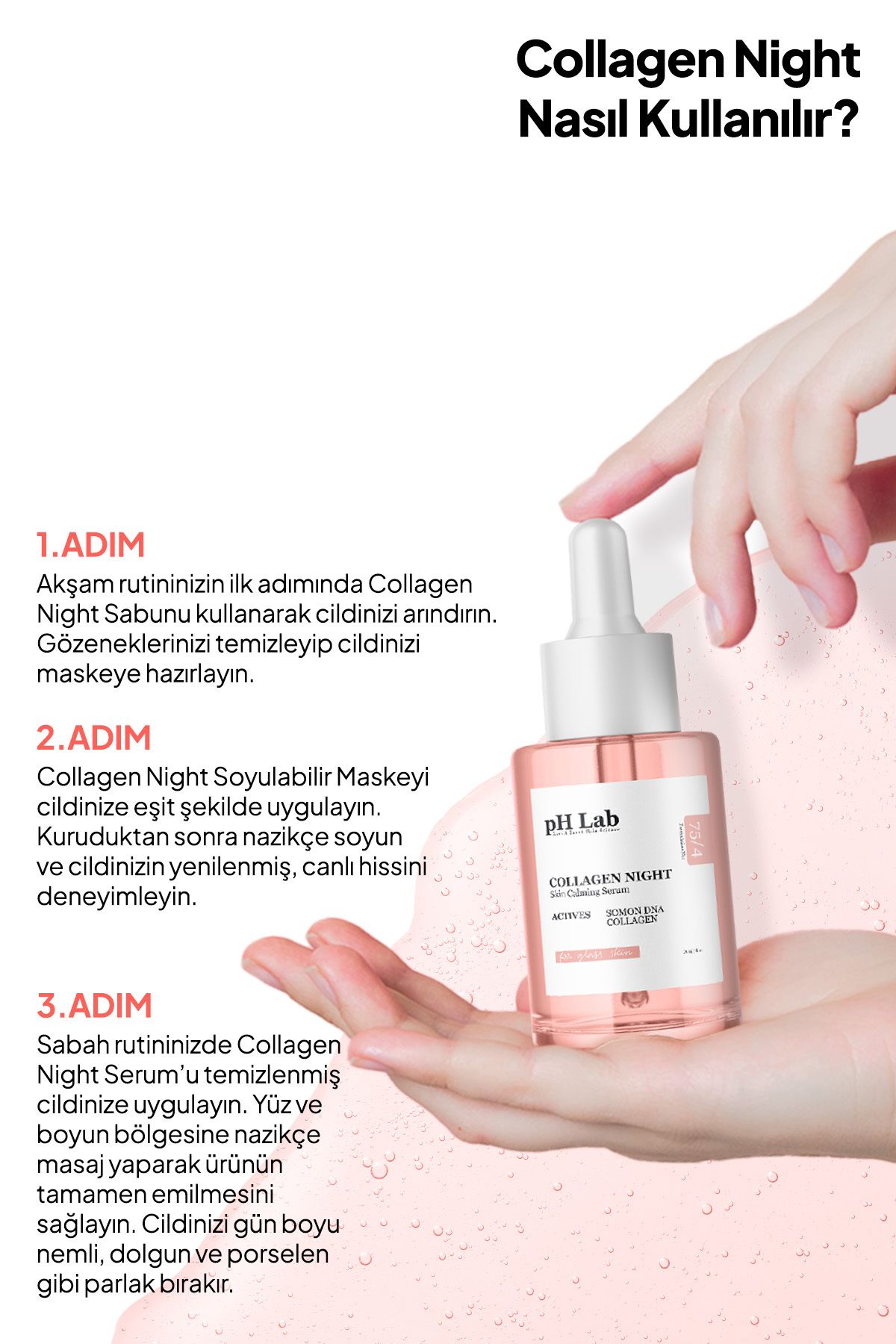 Collagen Night Serum, Kolajen ve Somon DNA'lı Gece Yüz Bakım Serumu, Porselen Cilt Serumu