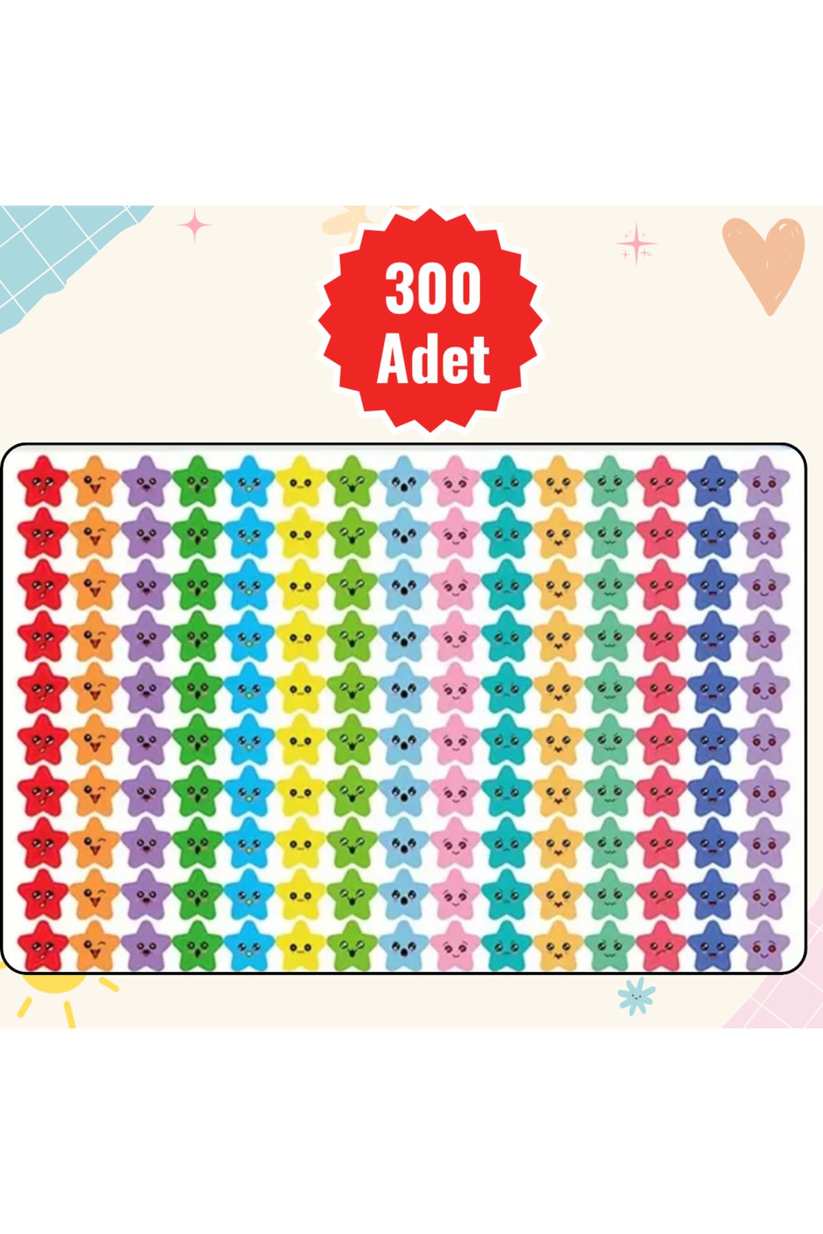 300 ADET Emojili - Yüz İfadeli YILDIZ Etiket (Sticker), Yıldız Kesim, Öğretmen, Öğrenci, Çocuk