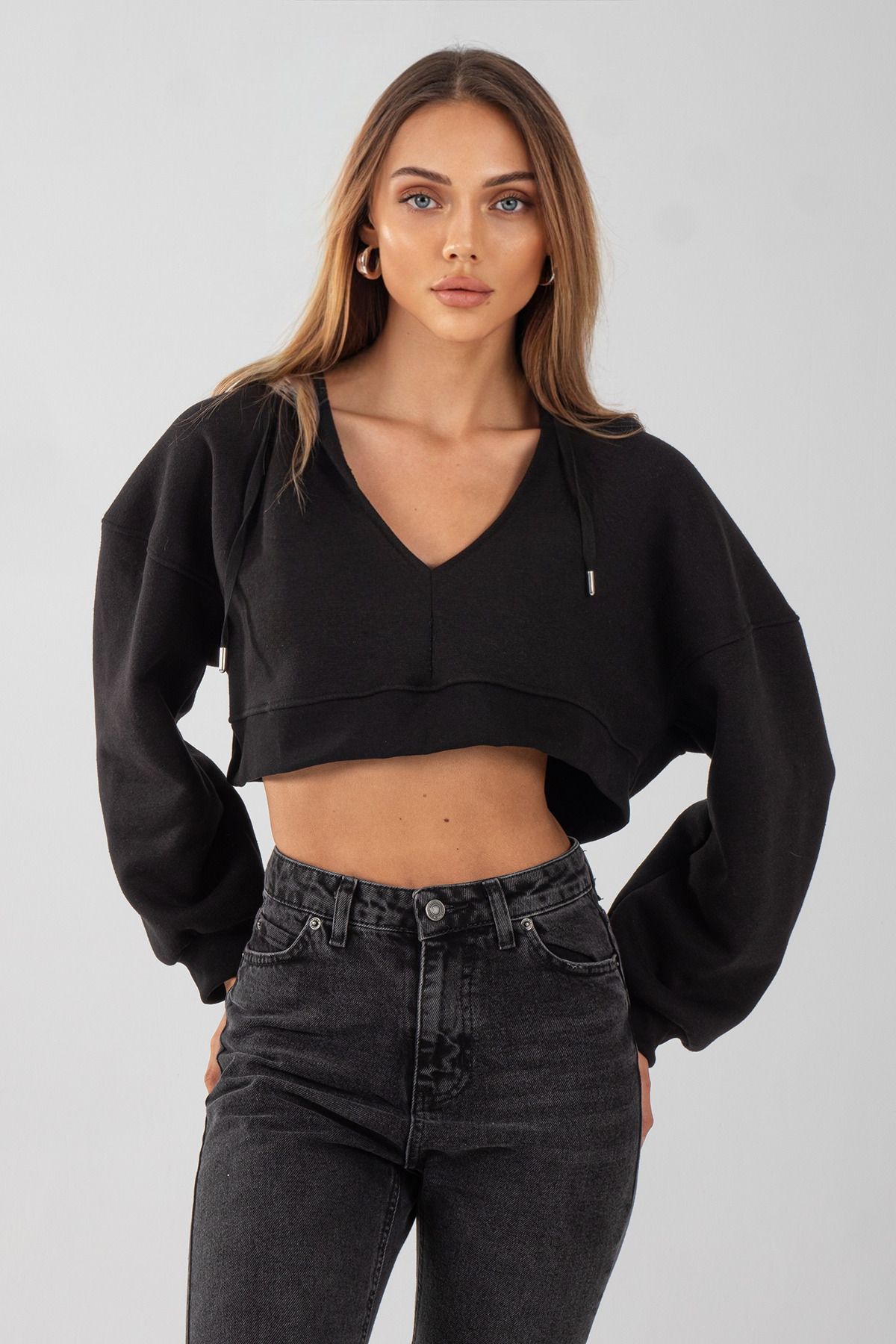 Kadın 3 Iplik Kapüşonlu Şardonlu Crop Sweatshirt