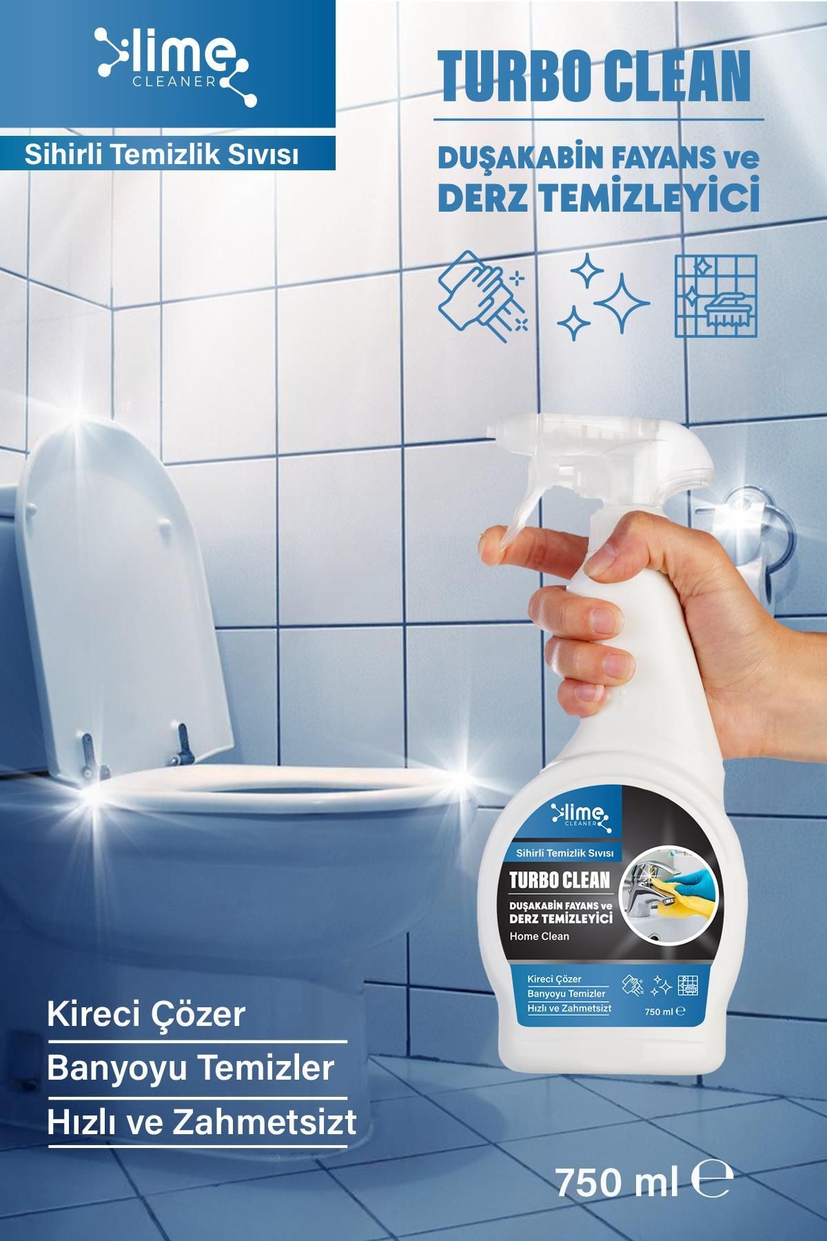 Turbo Clean Ultra Güçlü Banyo Temizleyici ve Kireç Çözücü Sprey 750 ml - Sihirli Temizlik  Sıvısı