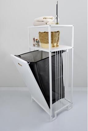 Metal Kirli Sepetli 2 Raflı Çok Amaçlı Banyo Düzenleyici Raf Organizer Beyaz – Mrs-007 C1- Image 0