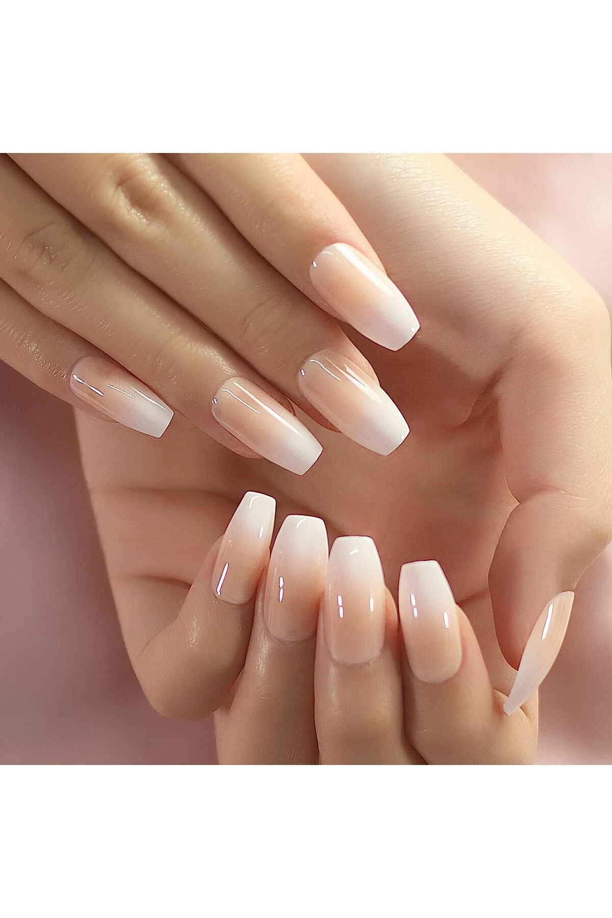 24'lü Natürel Pembe Beyaz Ombre French Takma Tırnak Lüks Doğal Manikür Uzun Küt Kare False Nails Set