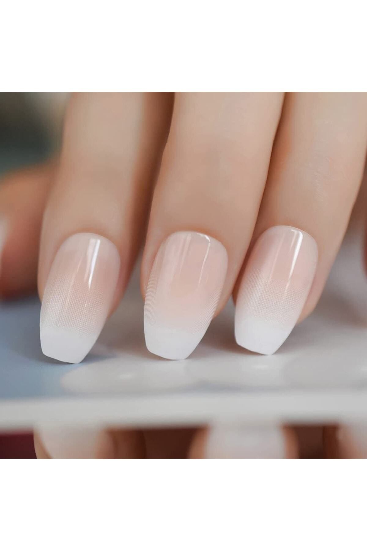 24'lü Natürel Pembe Beyaz Ombre French Takma Tırnak Lüks Doğal Manikür Uzun Küt Kare False Nails Set