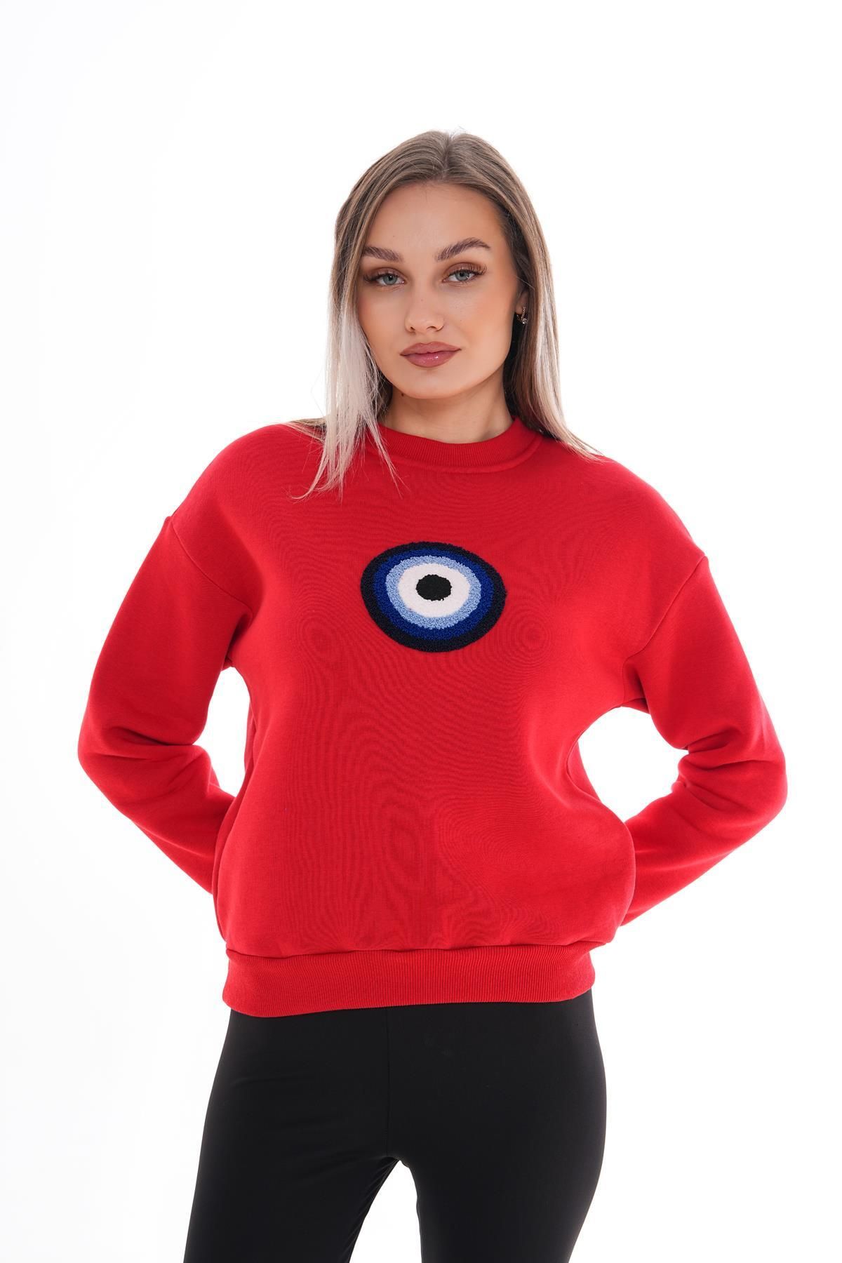 Kadın Nazar Boncuğu Nakışlı Üç İplik Sweatshirt 245310 -