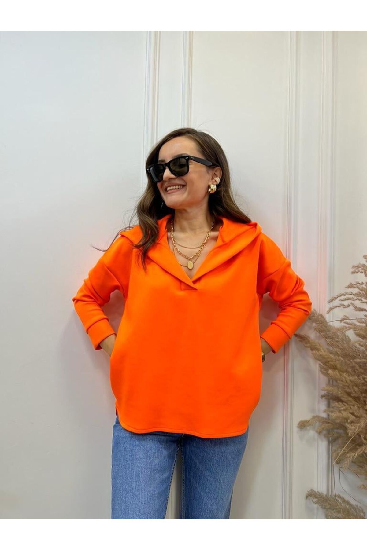 Kadın Polo Yaka Kapüşonlu Oversize Scuba Sweatshirt