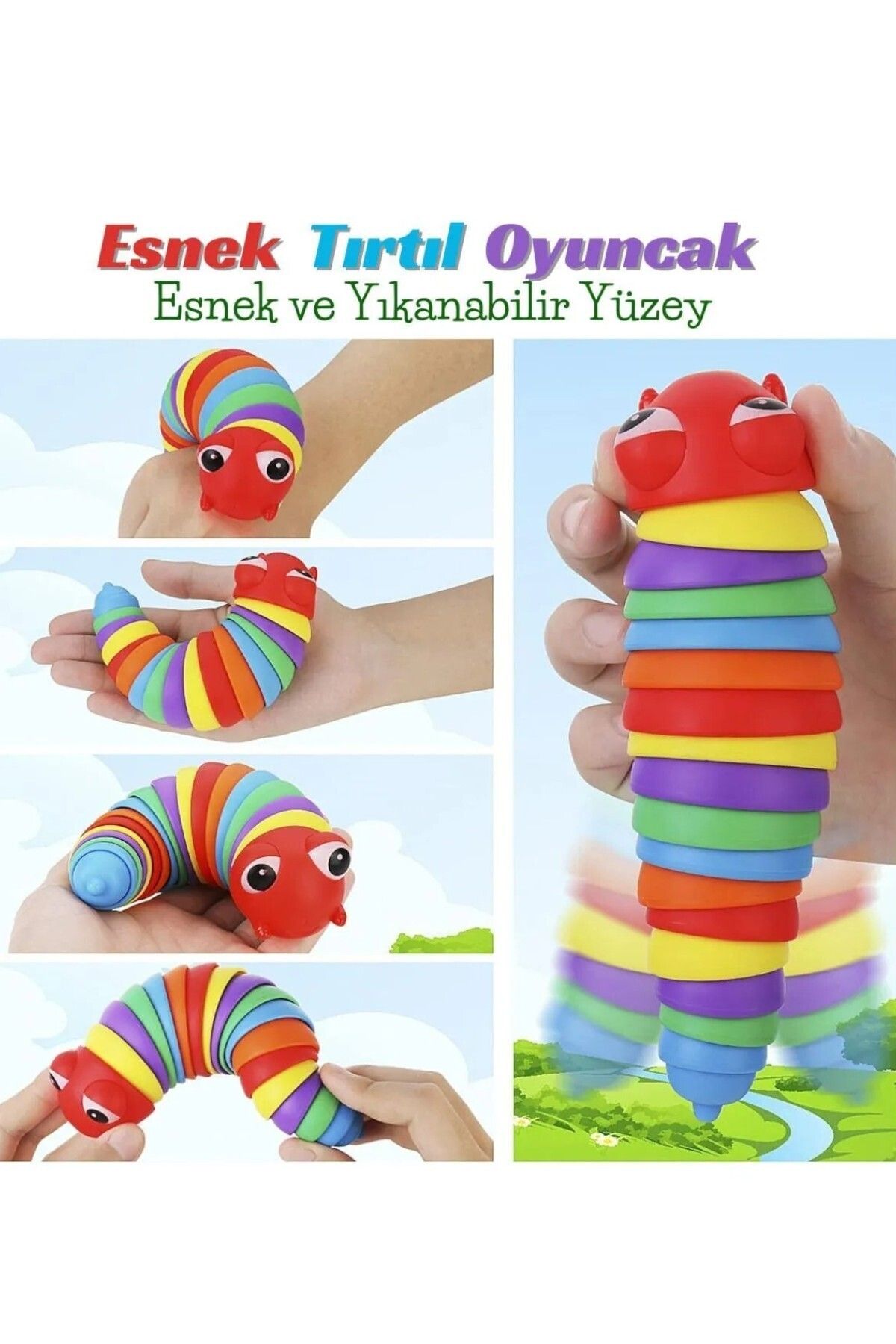 Sök Tak Esnek Tırtıl 20 cm - Tırtıl Şekilli Renkli Duyusal Eğitici Oyuncak 10lu Top Ve Altıgen Oyunu