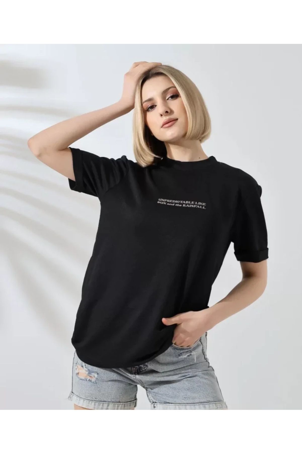 Unisex Bisiklet Yaka Baskılı Slim Fit T-Shirt - Siyah