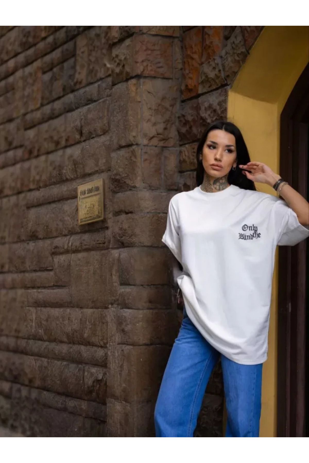 Unisex Bisiklet Yaka Baskılı Oversize T-Shirt - Beyaz