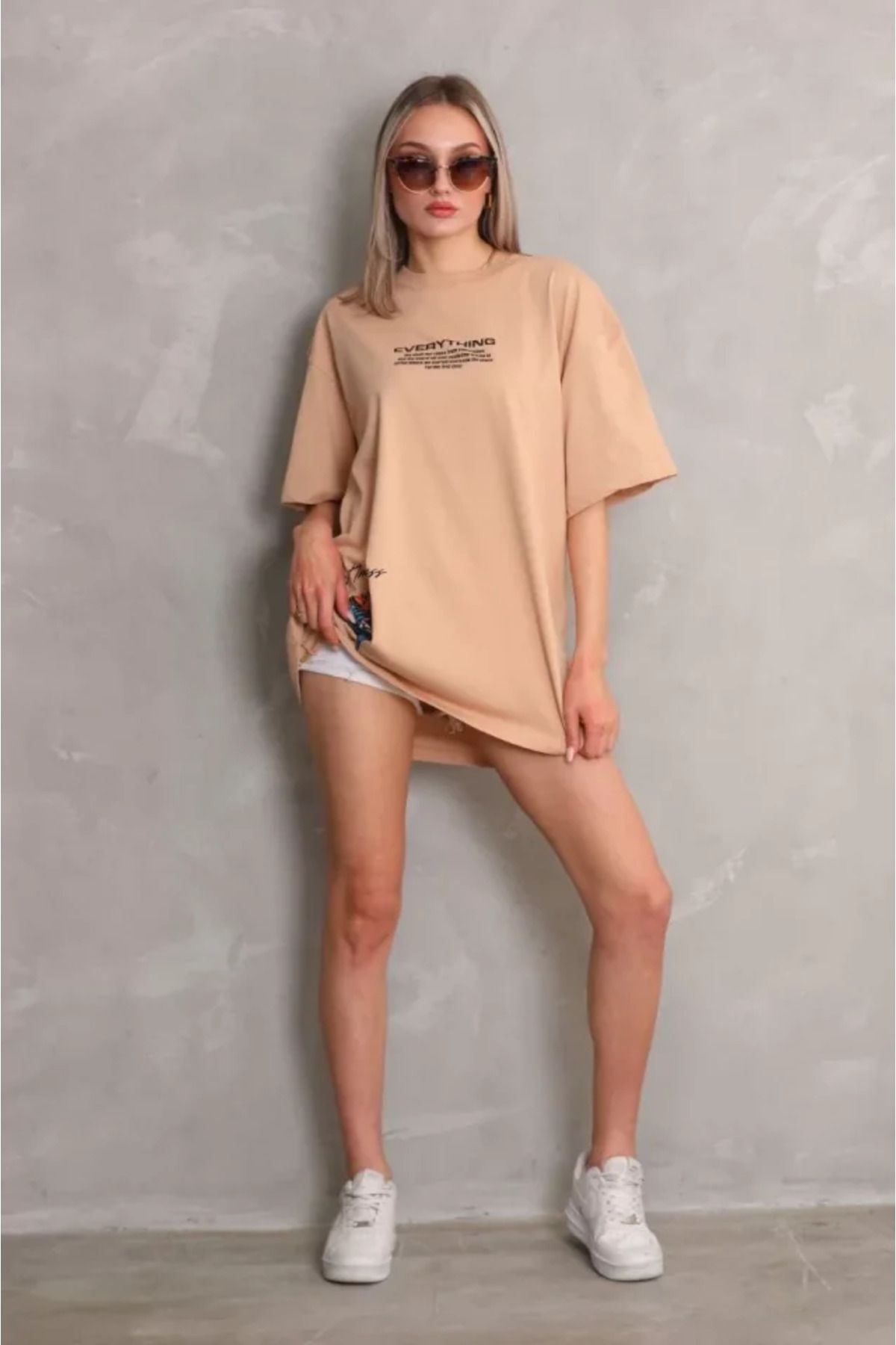 Unisex Bisiklet Yaka Baskılı Oversize T-Shirt - Bej