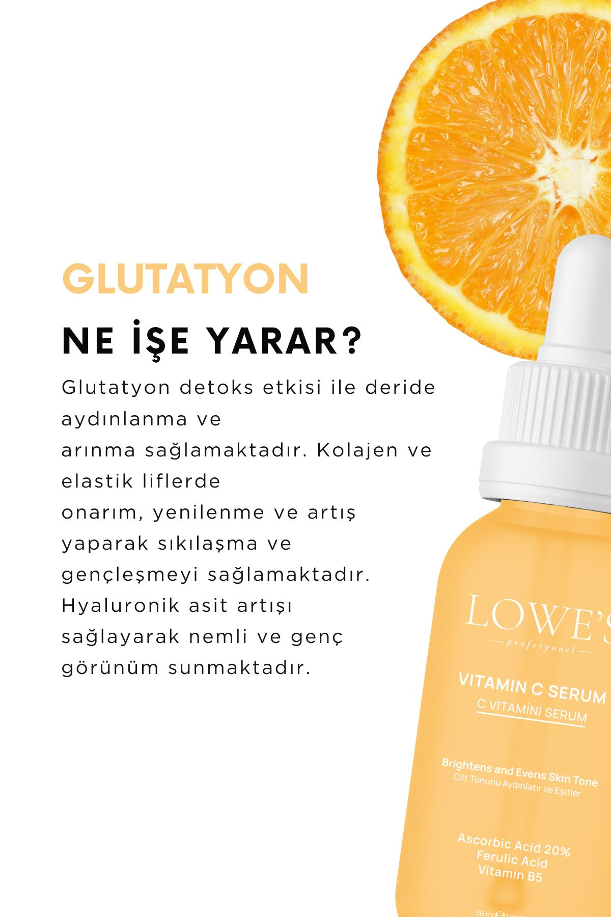 Cilt Lekelerine Karşı Etkili Parlatıcı Vitamin C Serum, Glutatyon, Ferulik Asit ve %20 Askorbik Asit