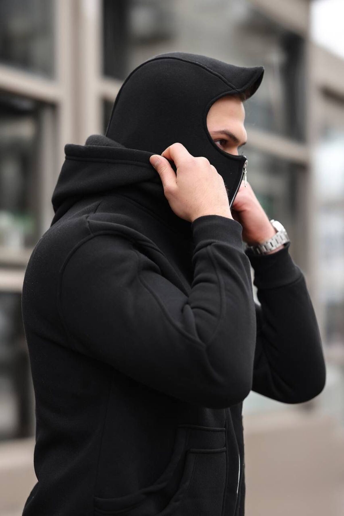 Unisex  Full Fermuarlı Kapüşonlu Ninja Tarzı  Sweatshirt – Maskeli ve Yüksek Konforlu Tasarım