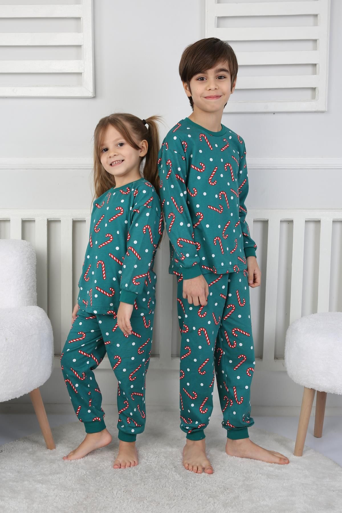 🎄 Yılbaşı Şeker Desenli %100 Pamuk Unisex Çocuk Pijama Takımı 🎄 Yeşil