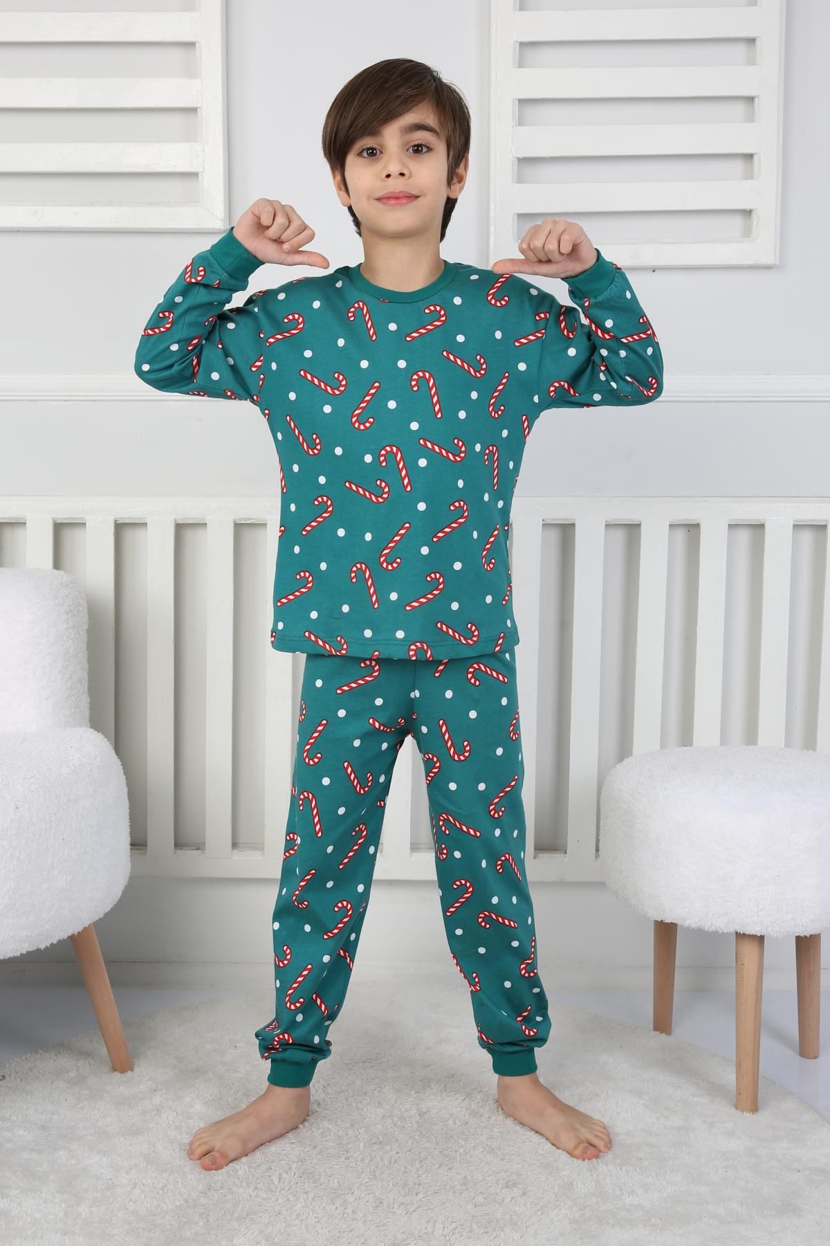 🎄 Yılbaşı Şeker Desenli %100 Pamuk Unisex Çocuk Pijama Takımı 🎄 Yeşil