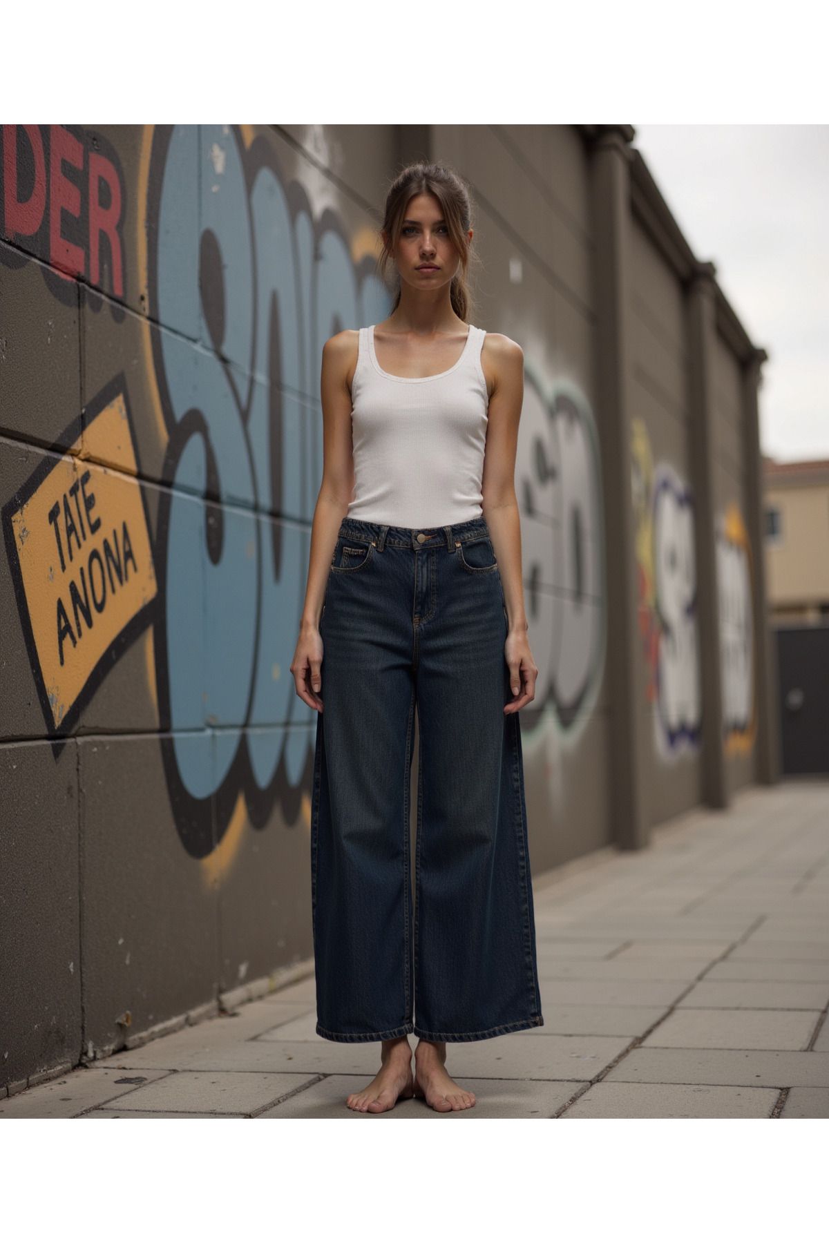 Kadın %100 Pamuk Wide Leg Baggy Jeans