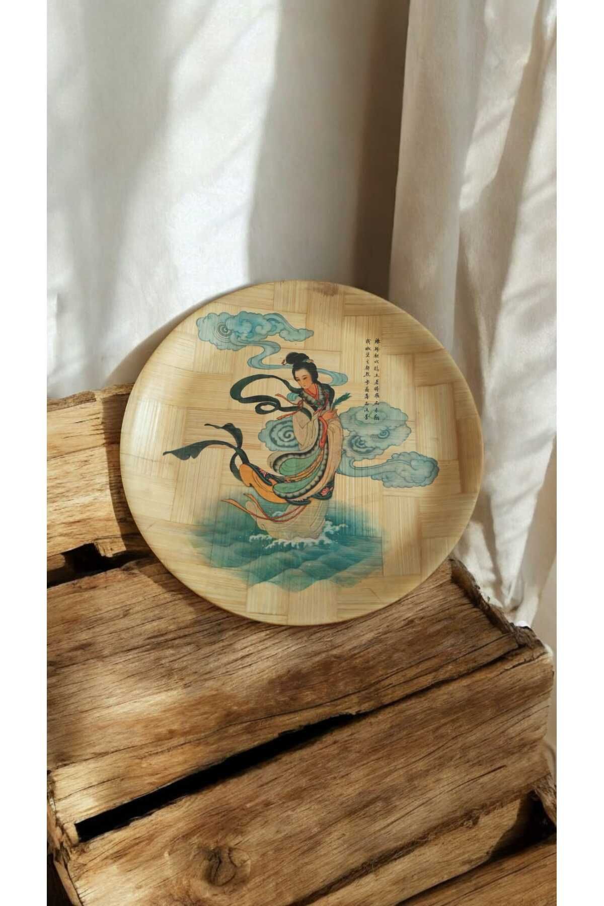 bamboo çin desenli ve yazılı dekoratif tabak & 30 cm çap