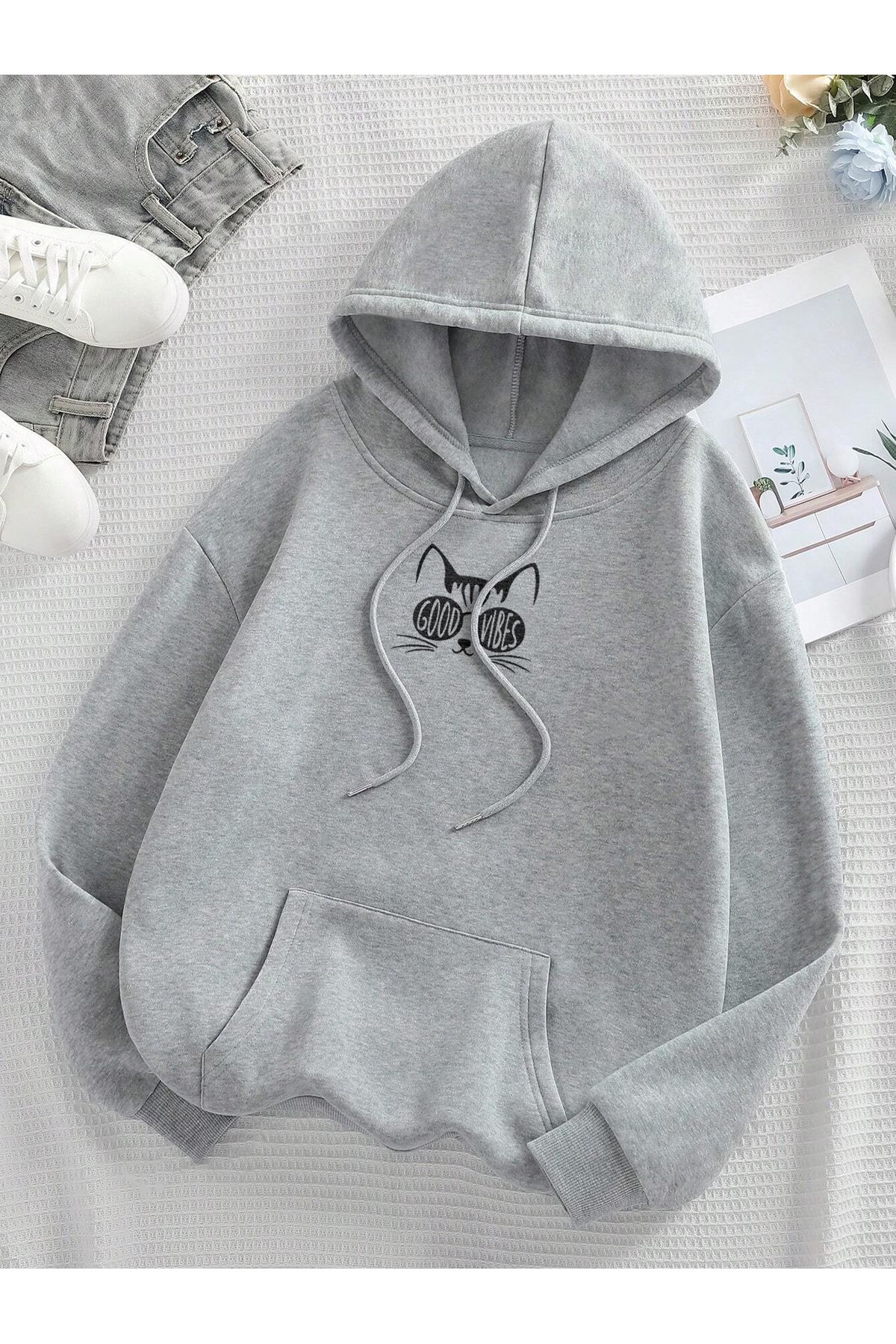 Cat Vibes Baskılı Düşük Omuz Unisex Kadın-Erkek  Kapşonlu Sweatshirt