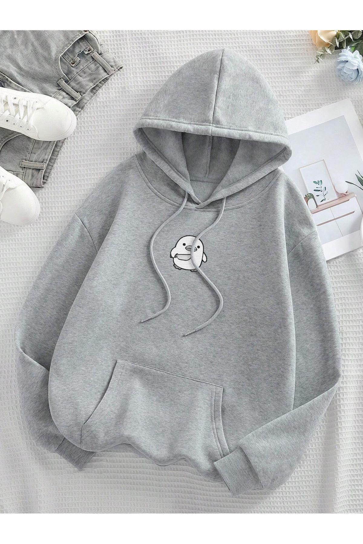 Ördek Baskılı Düşük Omuz Unisex Kapşonlu Mevsimlik Sweatshirt