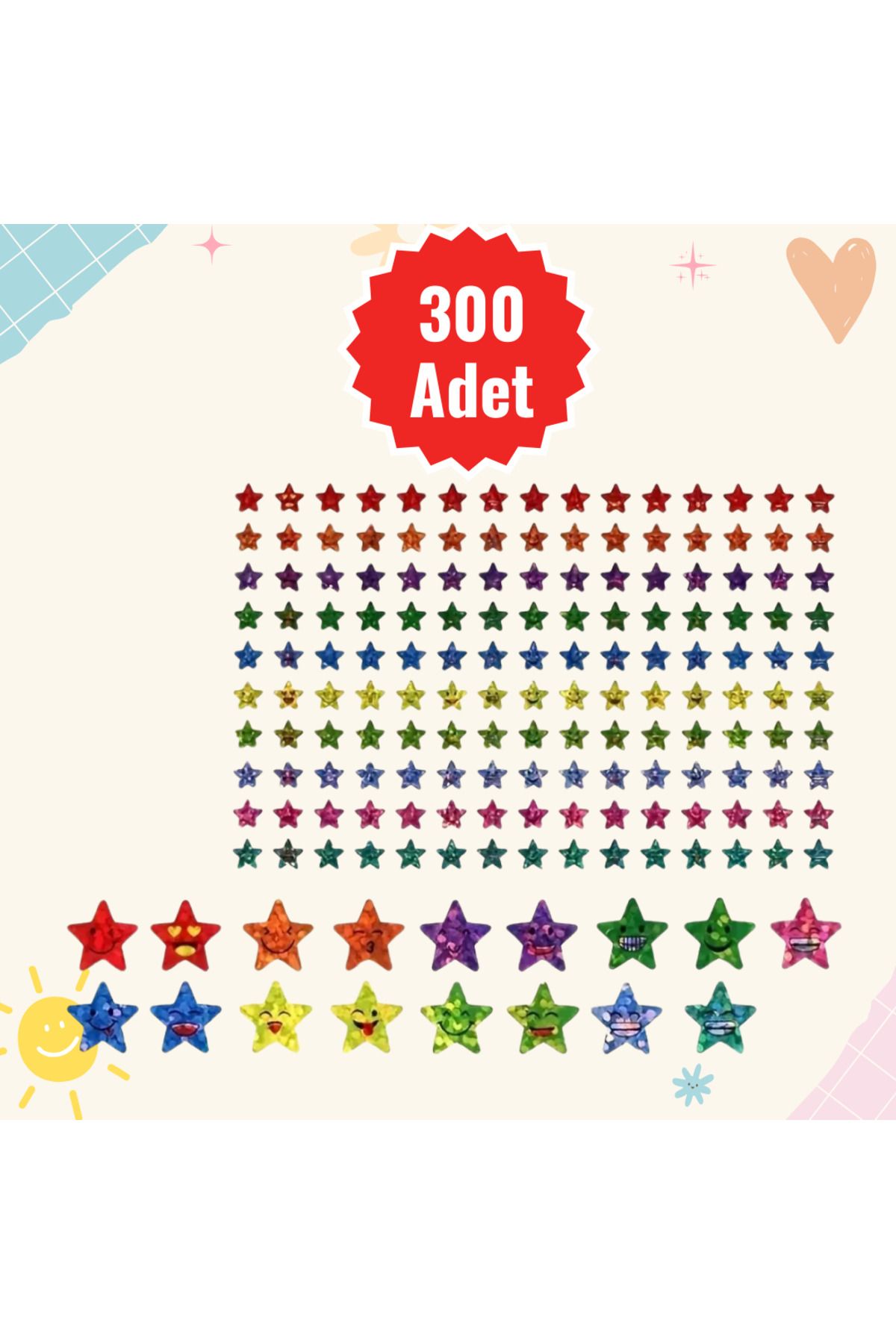 300 ADET Parlak, Emojili - Yüz İfadeli YILDIZ Etiket, Sticker, Öğretmen, Öğrenci, Çocuk