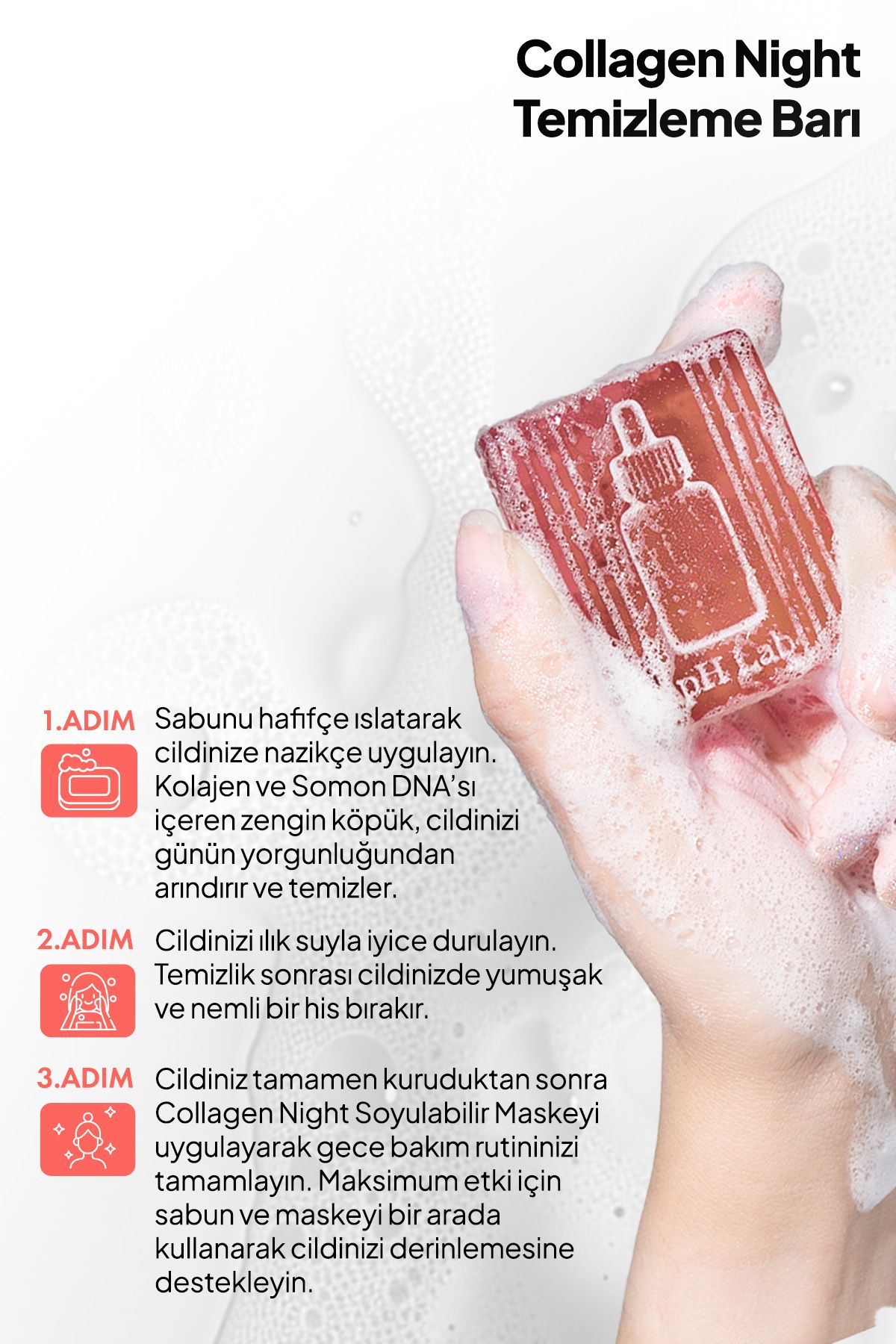 Phlab Collagen Night Kolajen ve Somon DNA'lı Gece Yüz Bakım Barı, Kolajen Sabunu, Porselen Cam Cilt