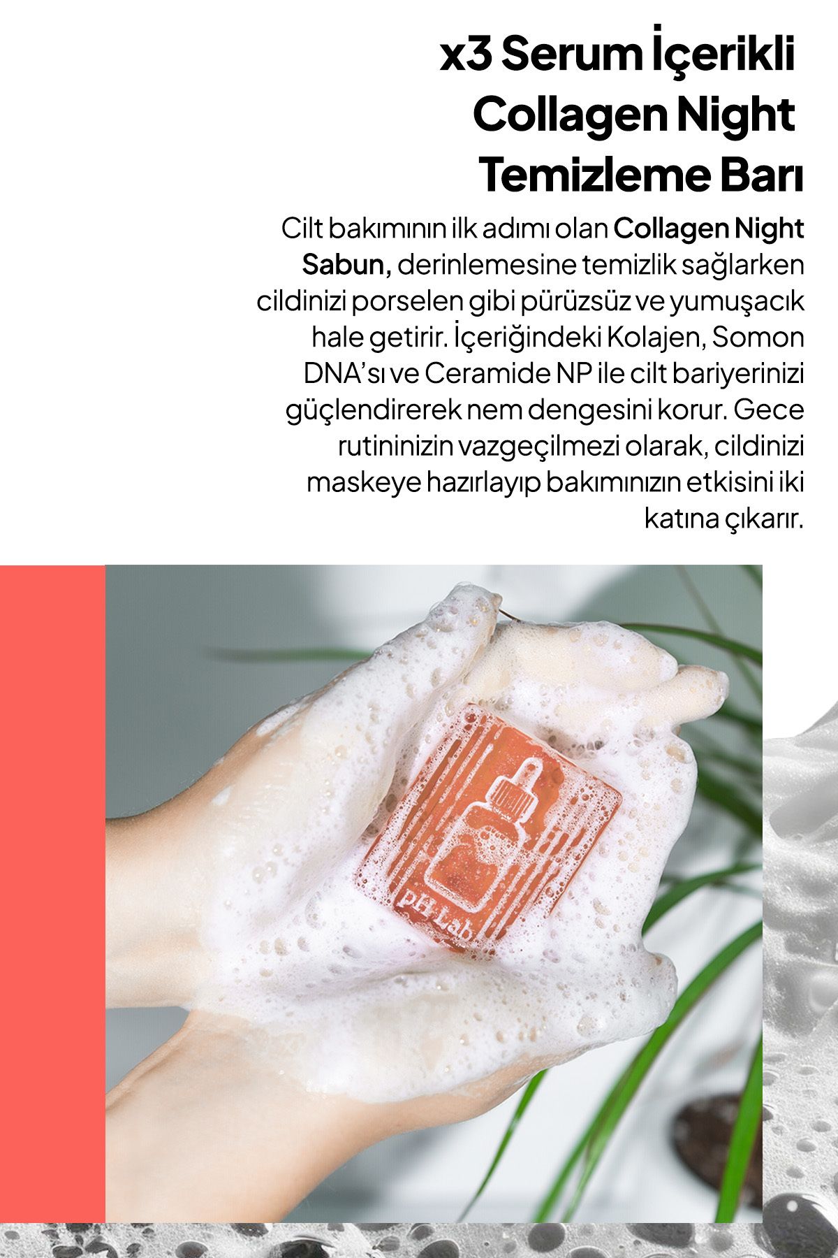 Phlab Collagen Night Kolajen ve Somon DNA'lı Gece Yüz Bakım Barı, Kolajen Sabunu, Porselen Cam Cilt