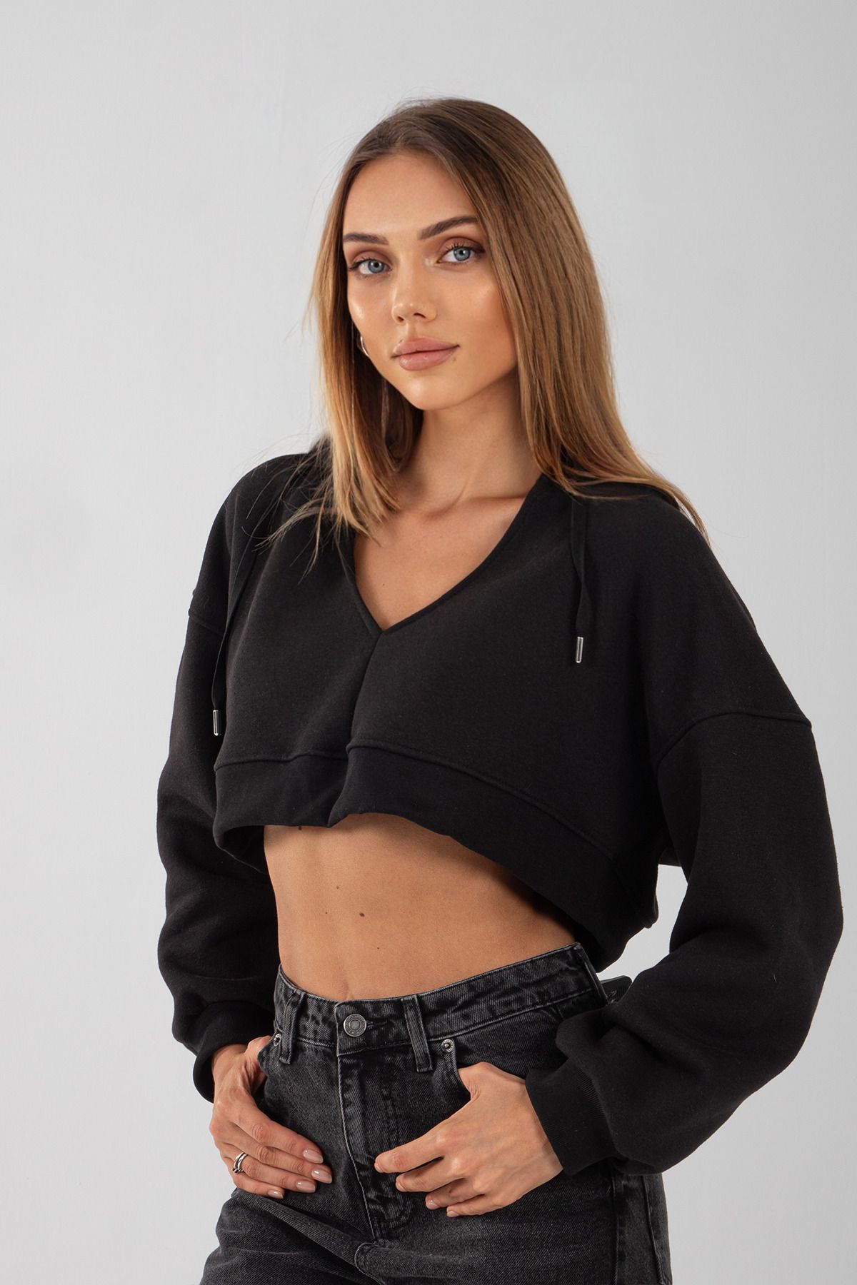 Kadın 3 Iplik Kapüşonlu Şardonlu Crop Sweatshirt