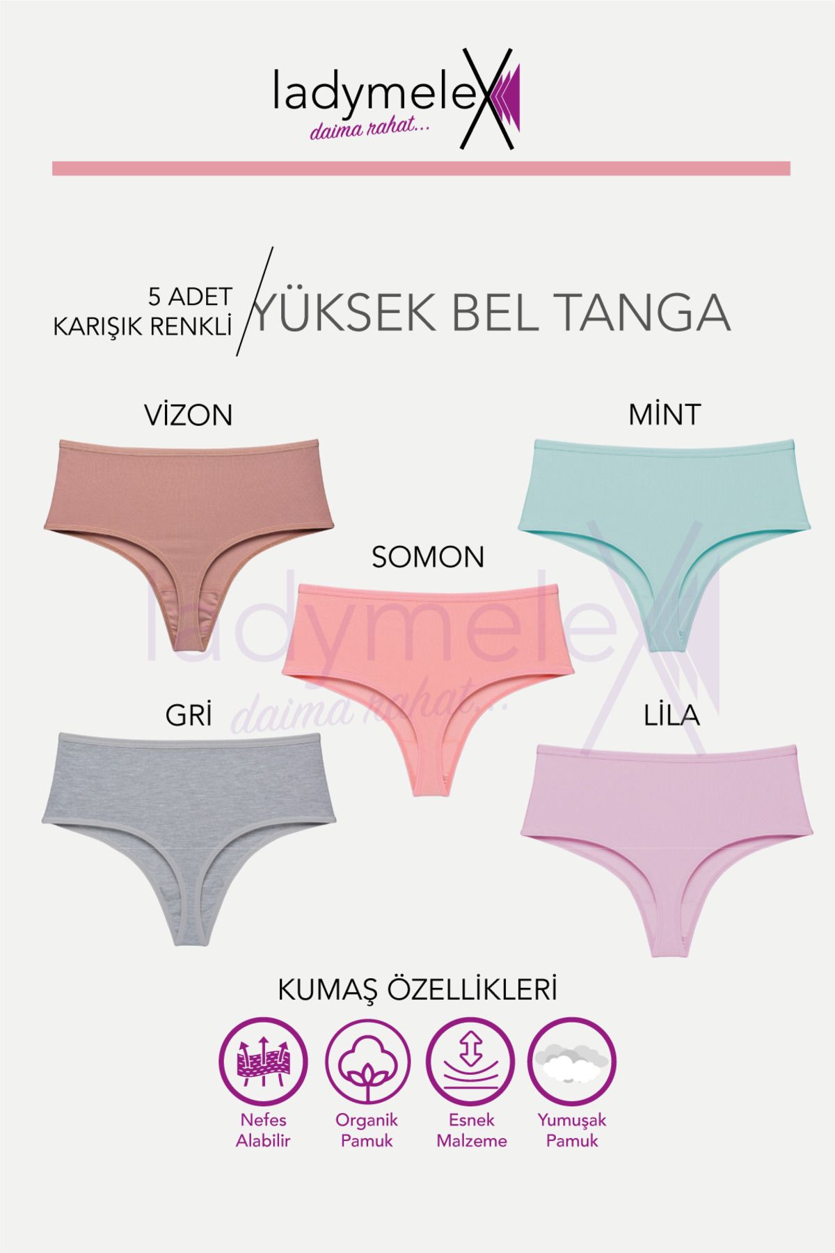 Kadın Tanga, Yüksek Bel Tanga, Pamuklu Tanga, (M-L-XL) 5 Adet, Karışık Renkli Yüksek Bel Tanga