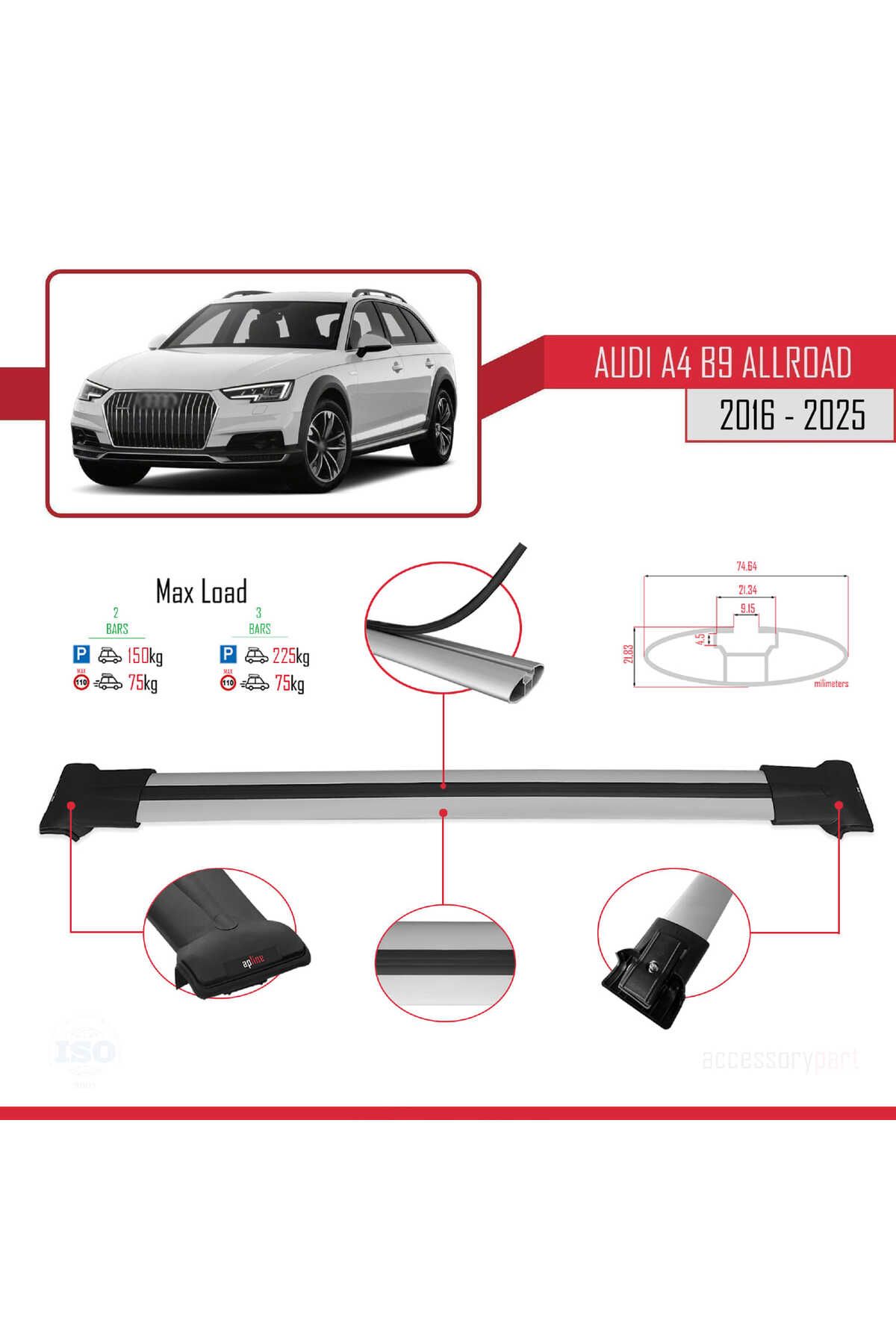 A4 (B9) Allroad 2016 Ve Sonrası Ile Uyumlu Fly Model Ara Atkı Tavan Barı Gri 2 Adet