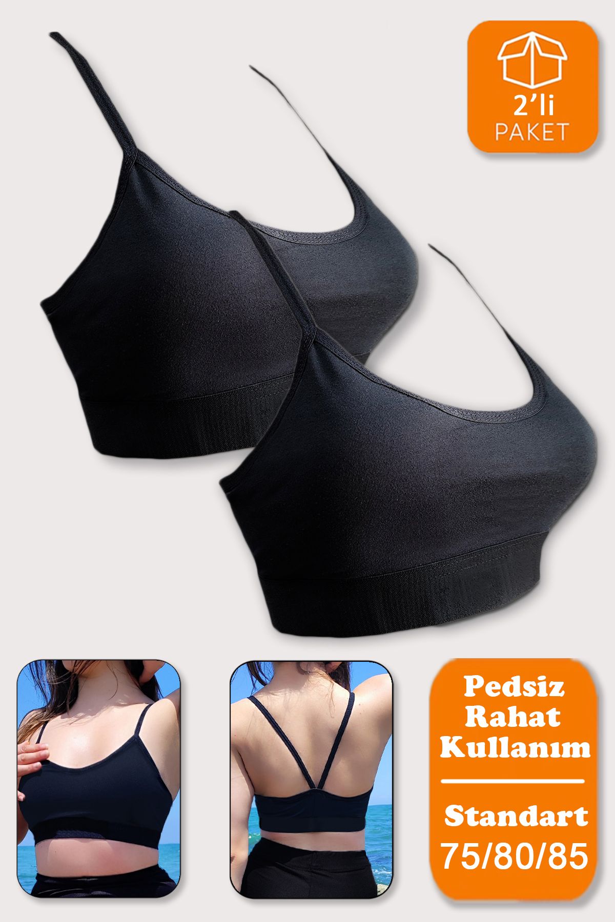 Kadın Crop 2'li Paket Siyah Pedsiz Spor Sütyeni Yarım Atlet