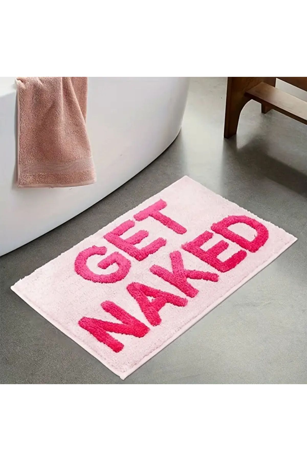 Get Naked Yazılı Banyo Halısı - Komik Tufting Paspas, El Yapımı Dekoratif Halı, Modern Banyolar için