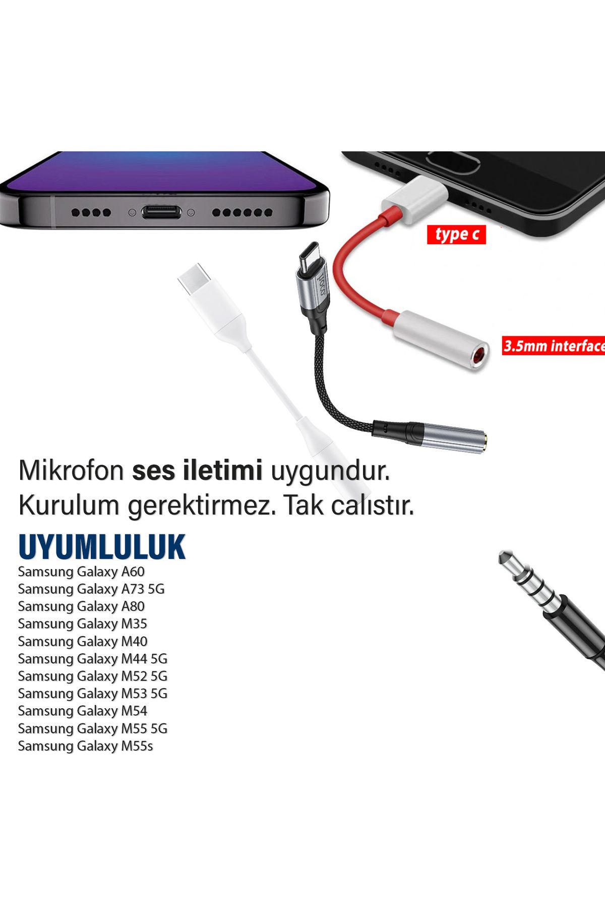 Samsung A60 A73 5G A80 Type C 3.5mm Kulaklık Dönüştürücü Type-C Çevirici Jack Aparat