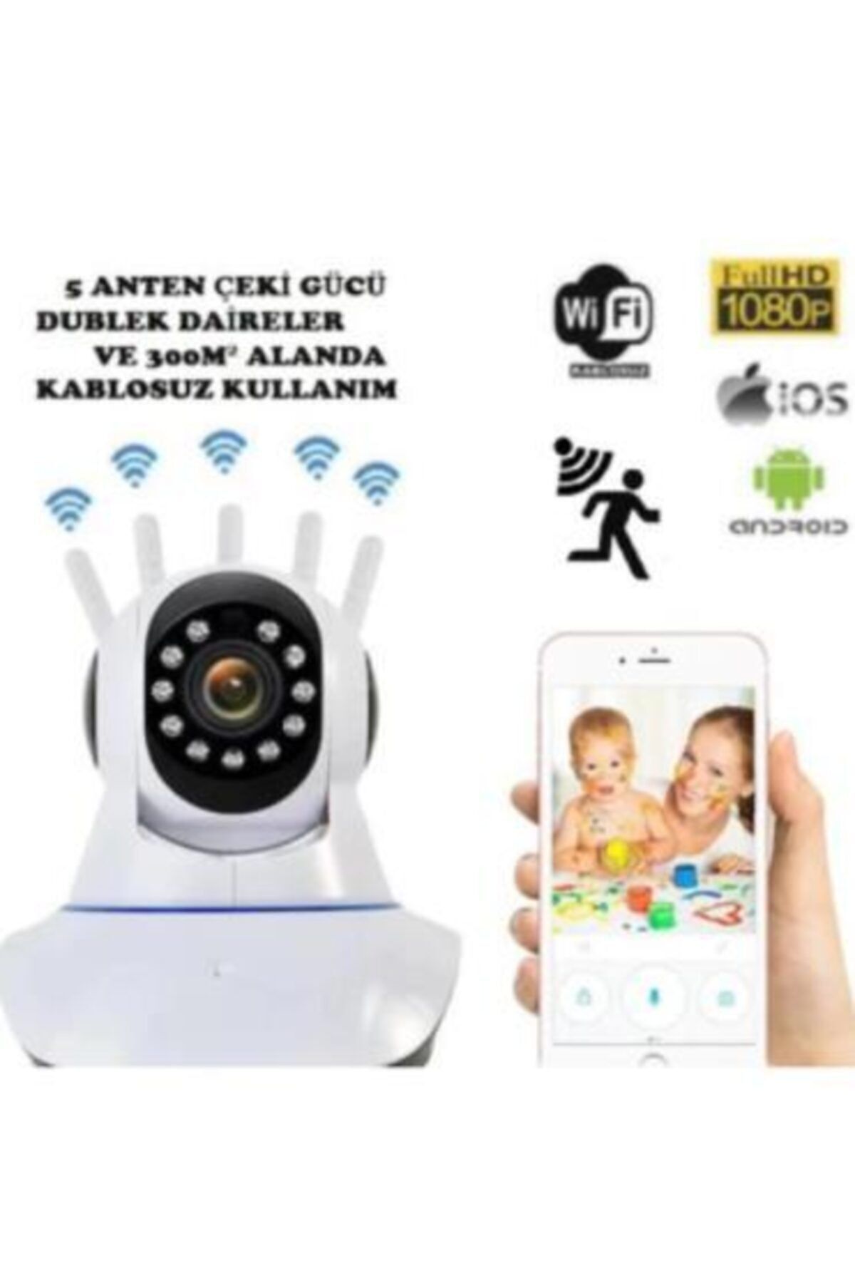 Beyaz 360 Derece Dönebilen Kablosuz Wifi Ip Kamera 1080p Full Hd 3 Mp Gece Görüşlü Hareketli Kamera