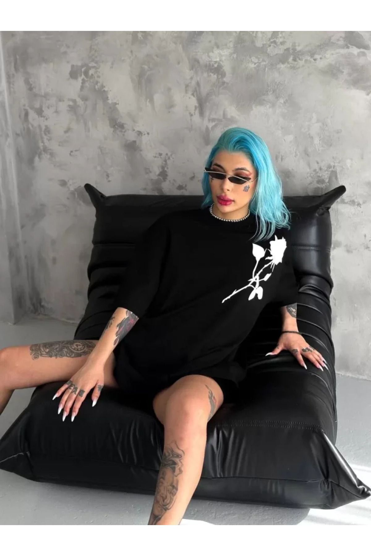 Unisex Bisiklet Yaka Baskılı Oversize T-Shirt - Siyah