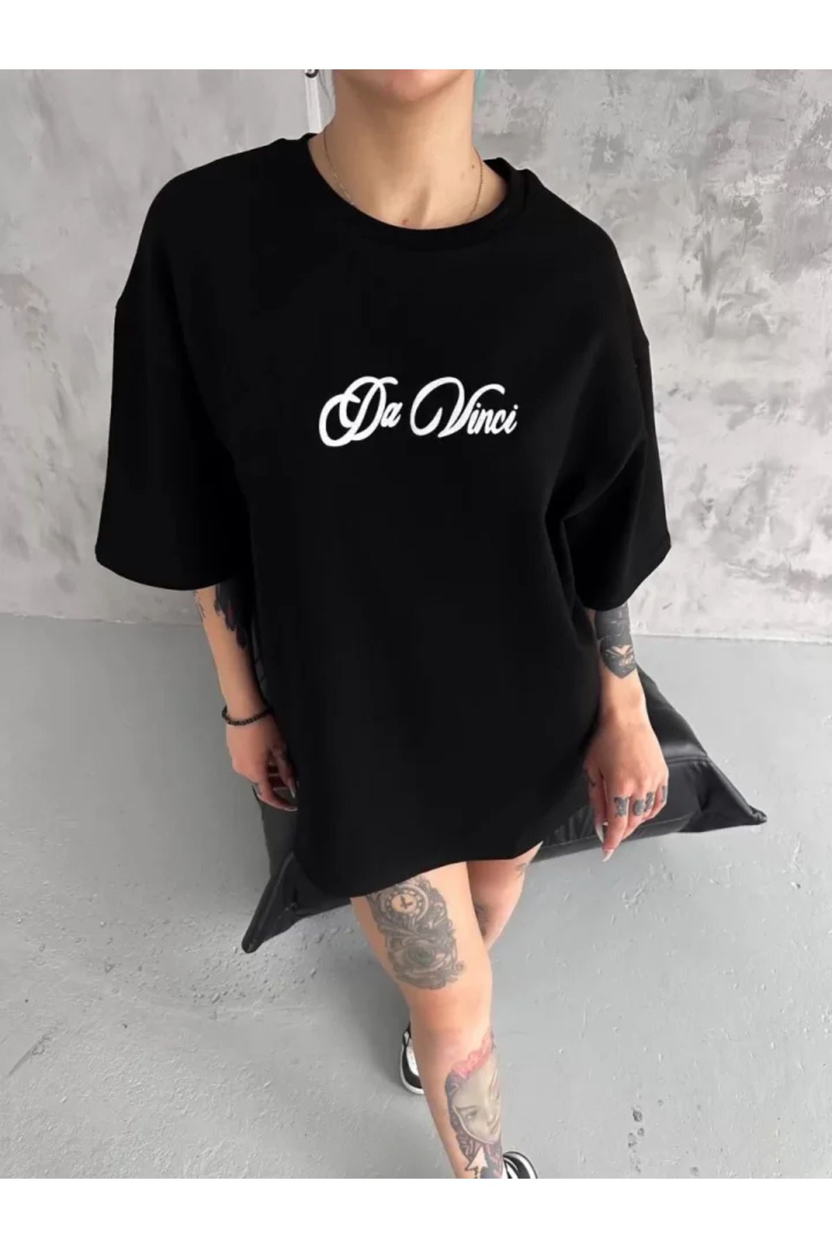 Unisex Baskılı Oversize T-Shirt - Siyah